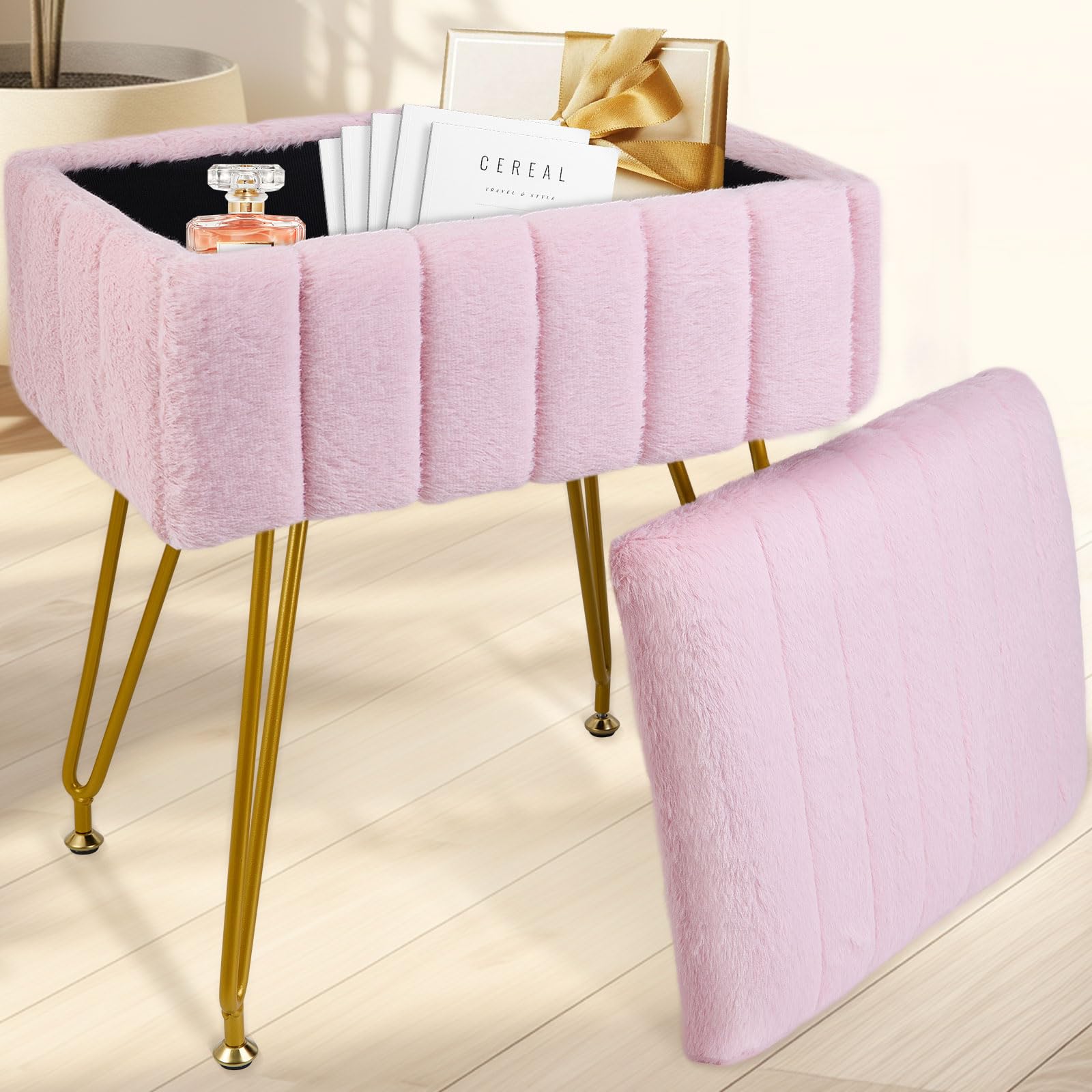 Tavovostar Vanity Stool with Storage, Faux Fur Makeup Stool with Metal Legs, Multifunctional Furry Footrest Ottoman Chair for Living Room Bedroom,Pink