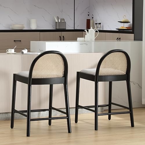 Miniatura 9 de Mid-Century - Juego de 2 taburetes de bar de 26 pulgadas con respaldo de ratán de lino, cómodos taburetes de bar tapizados con patas de madera para