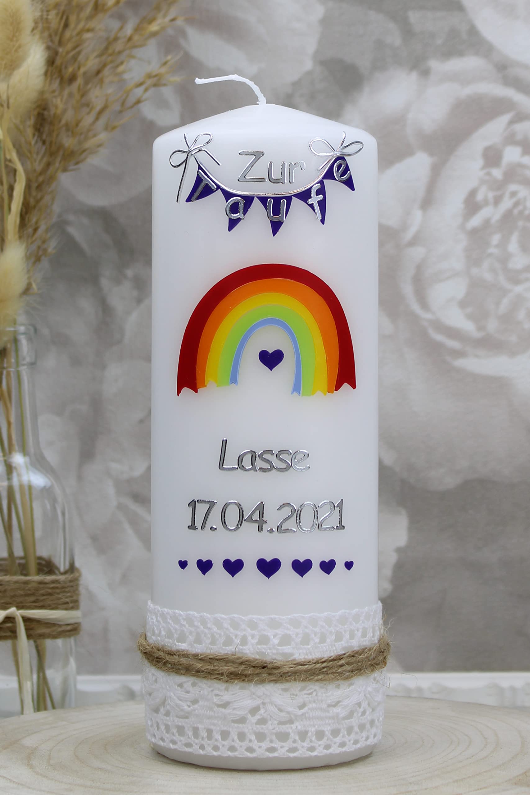 Taufkerze LASSE Junge oder Mädchen mit Name und Datum, individuell und handverziert 1290