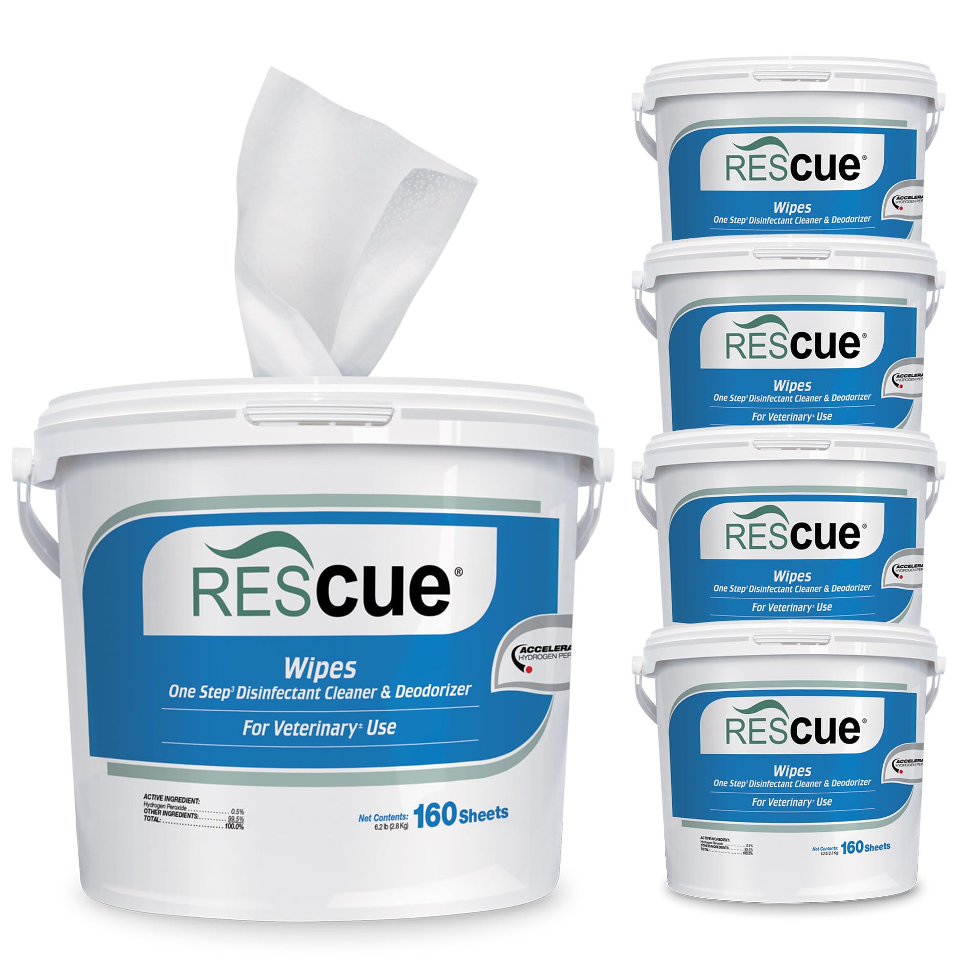 REScue One-Step Disinfectant Cleaner &amp; Deodorizer Wipes for Vet Use – Cleaner for Kennels, Litter Boxes, Vet Offices, Pet Grooming Surfaces – Extra Large, 160-Count Wipes Bucket (4 Pack)