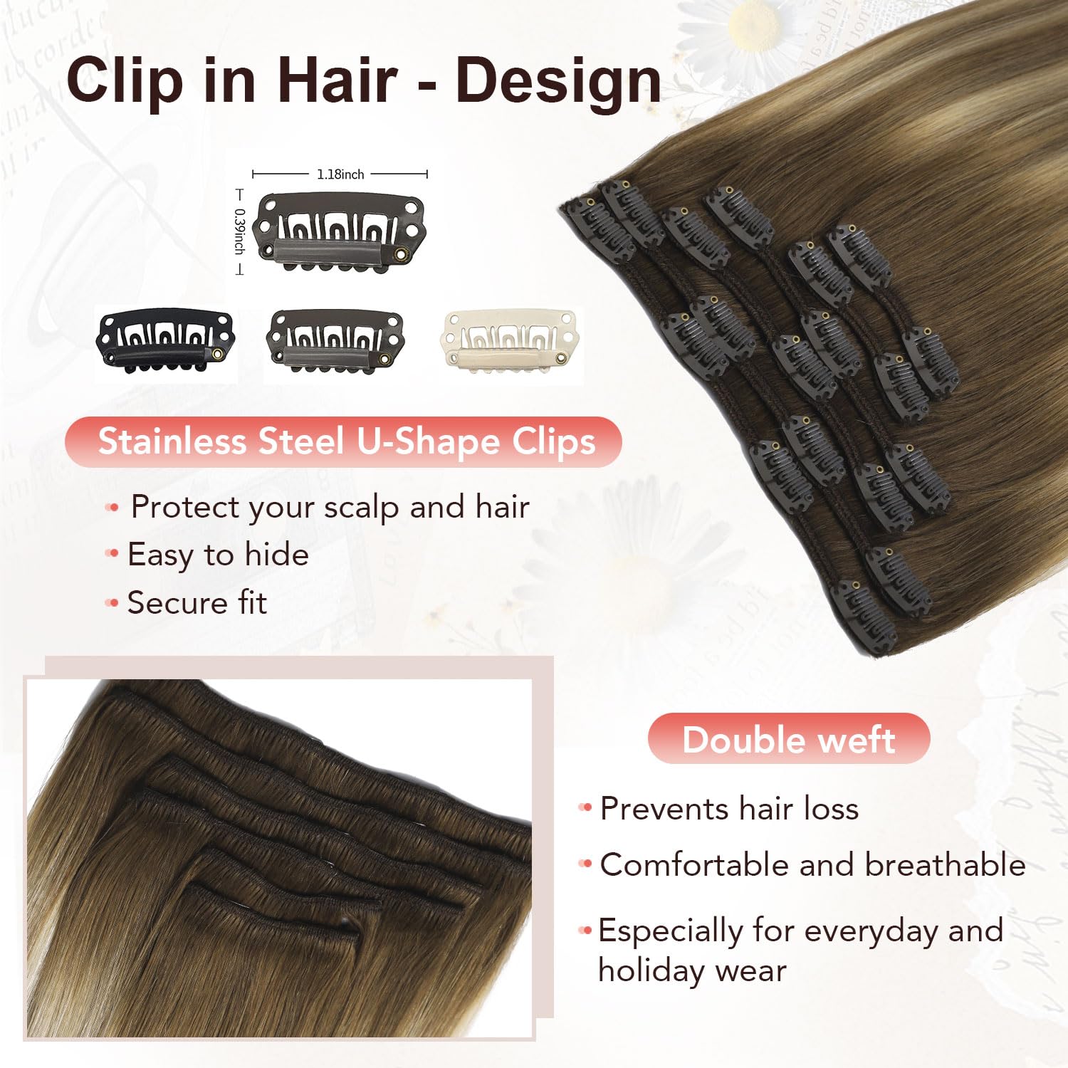 XDhair Extension Cheveux Naturel Clip 35cm 6pcs 100g Brun Noisette à Brun Cendré et blond cendré Extention de Cheveux Humains Vrai Cheveux #3/8/22 14pouces