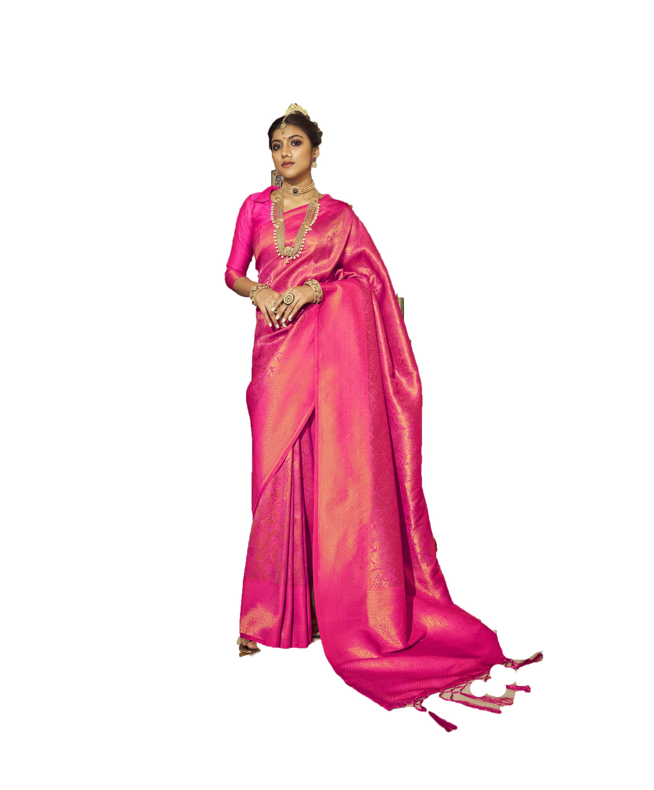 Pujia Mills Womans Handloom Banarasi Silk Saree With Zari Weaving Indian Ethnic Wear Jacquard Silk Saree Weaving Zari Border Saree Pink Color Wedding Saree For Bridal