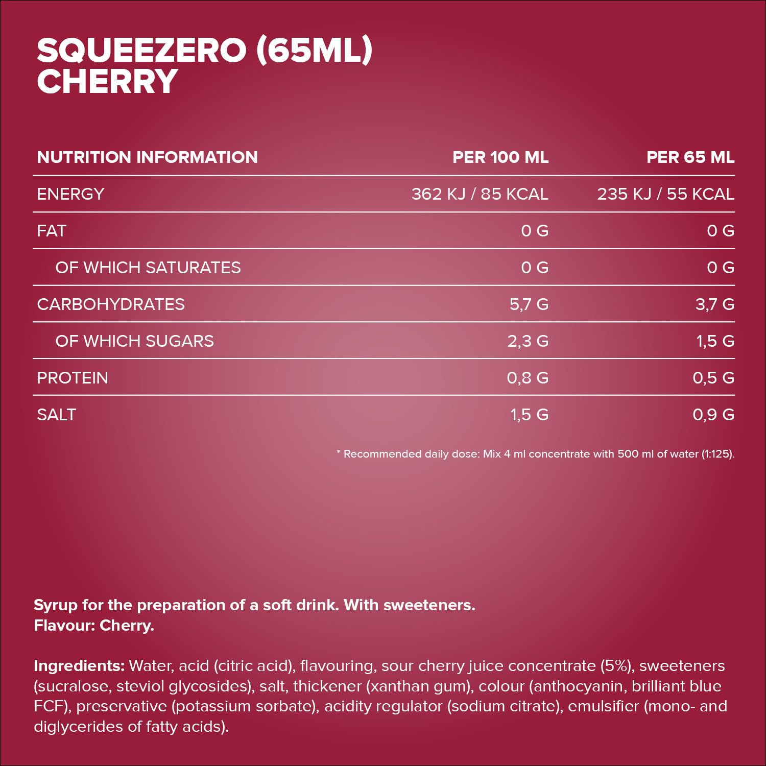IronMaxx SqueeZero Sirope Concentrado Sin Azúcar Sin Calorías Cereza 65 ml Hasta 8 Litros de Bebida