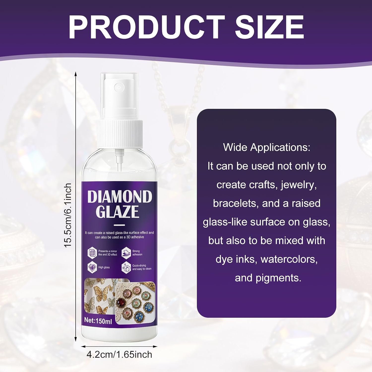 Diamond Glaze Clear, High Gloss High Adhesion Fast Drying for Creating Raised Effects on Handicrafts Jewelry Bracelets Glass and Can be Mixed with Dye Watercolors Pigments, 150ml