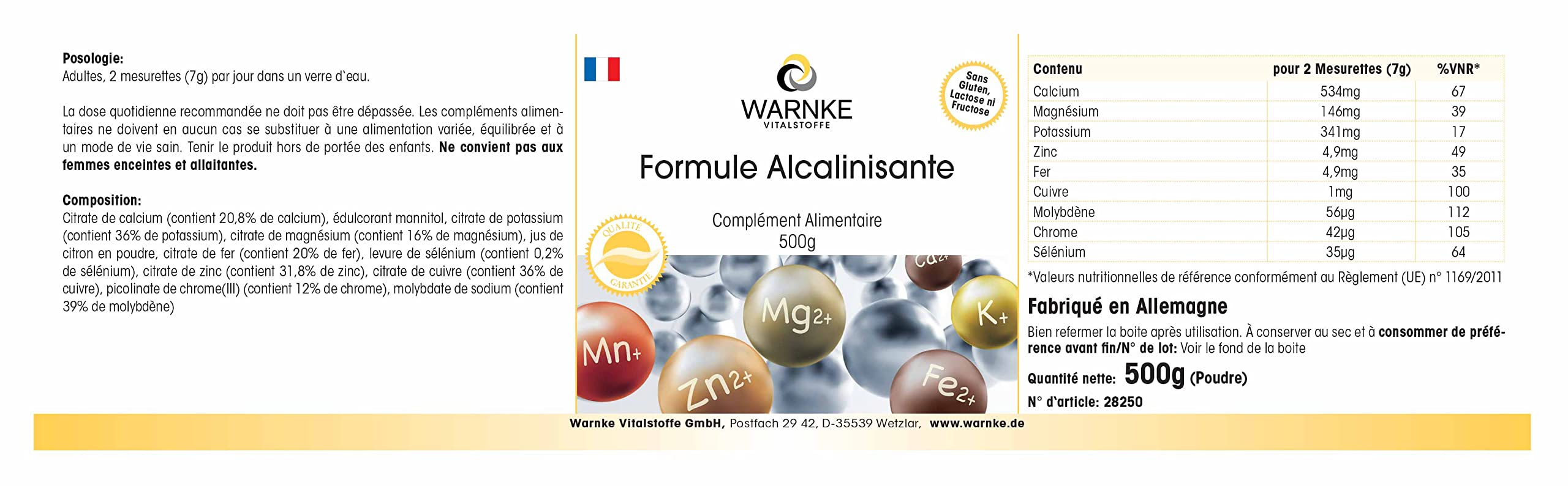 Polvo Alcalino 500g - Con 9 minerales y oligoelementos - Equilibrio ácido-base - Vegano | Warnke Vitalstoffe - Calidad de farmacia alemana
