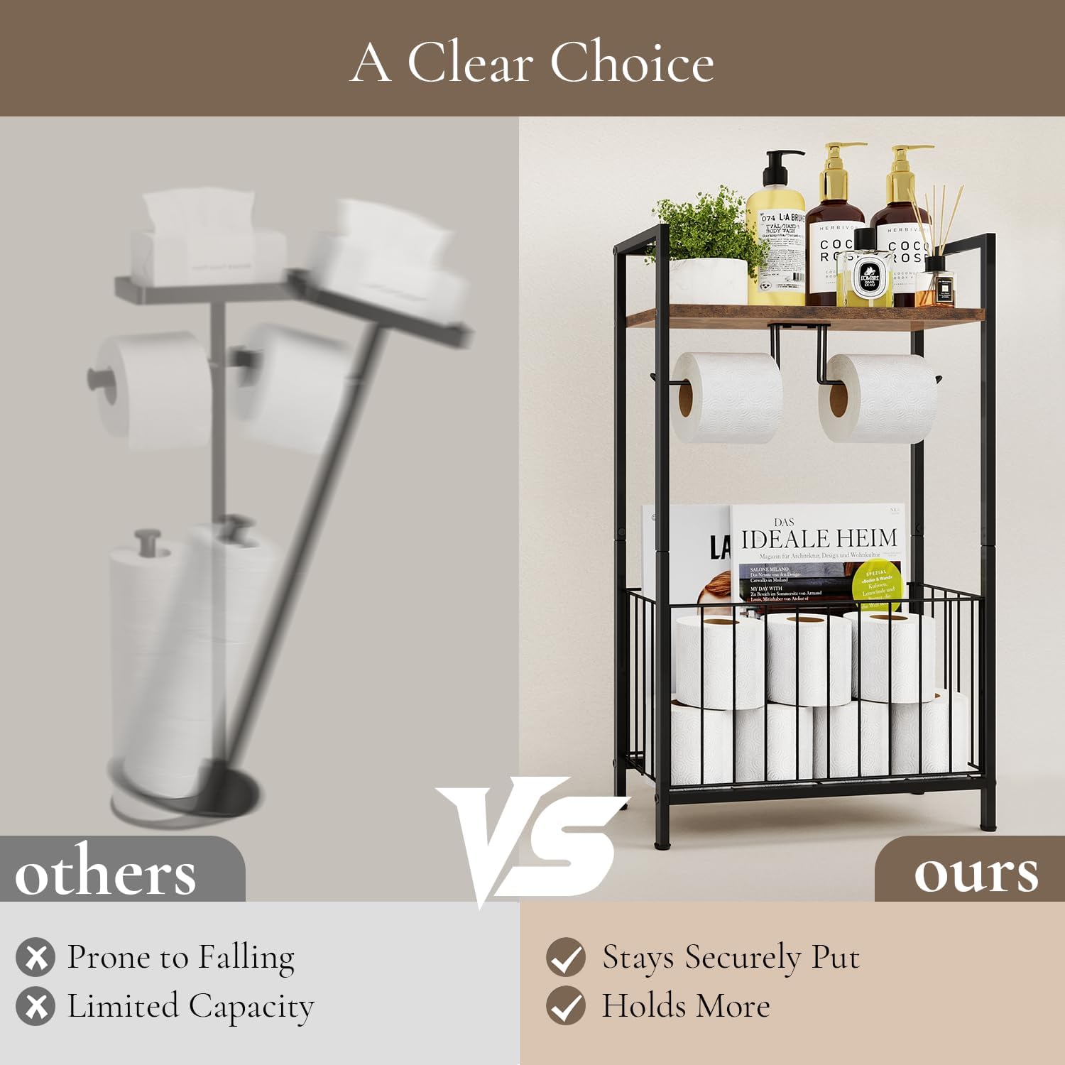 Freestanding Toilet Paper Holder with Storage Shelf, Bathroom Toilet Paper Holder Stand with Extra Roll Storage Basket, Floor Standing Tissue Organizer for Wipes Magazine Phone, Rustic Brown