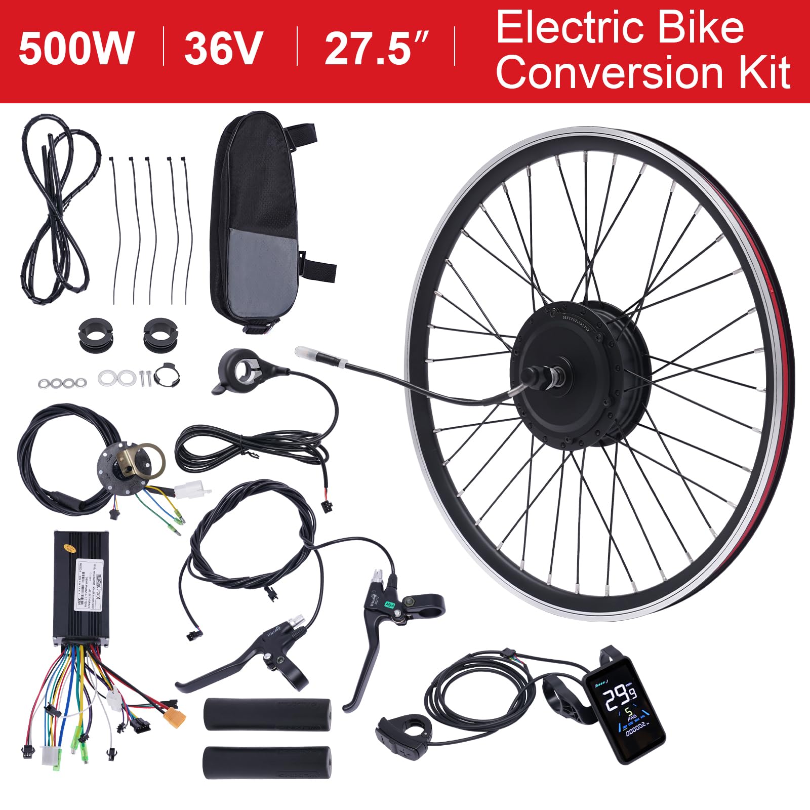 27.5'' LCD Zoll Ebike Umbausatz 36V 500W E-Bike Vorderrad Umbausatz Kit, Integrierte Controller Elektrofahrrad Umbausatz Ebike Conversion Kit Electric Bicycle