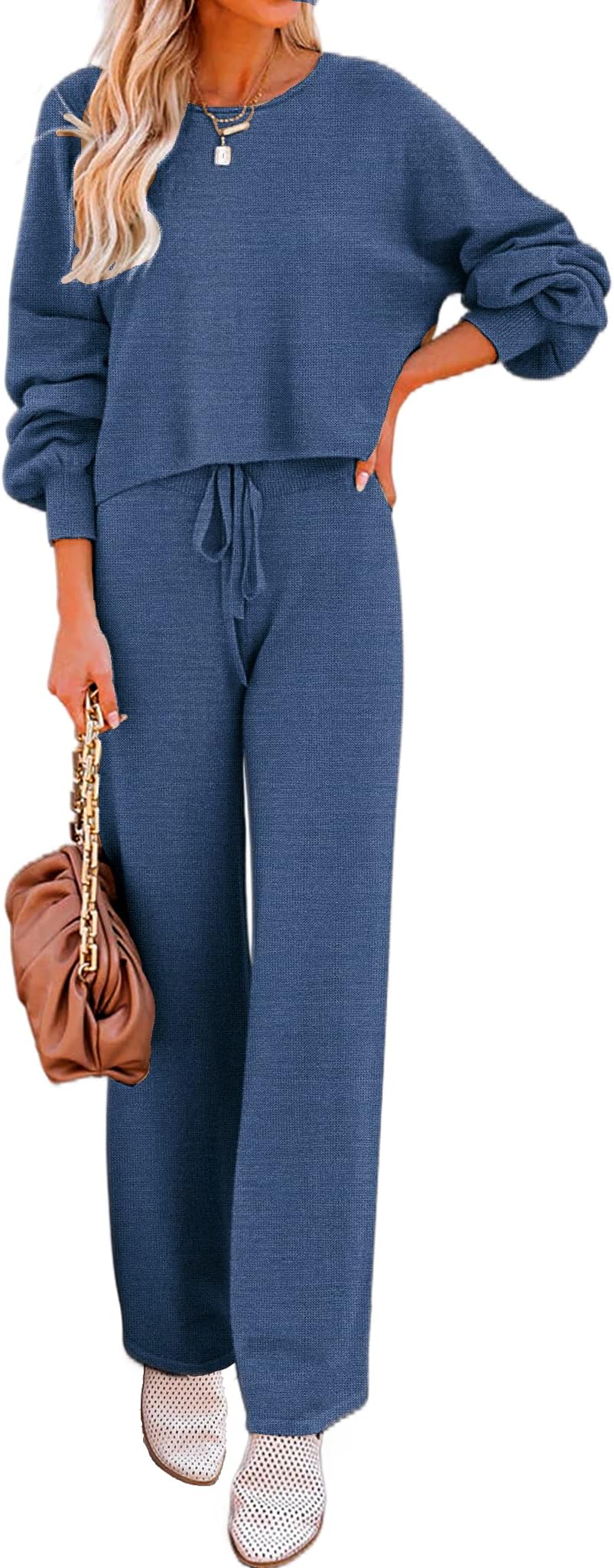 EkouaerKnit Lounge Sets for Women 2 Piece Cozy Long Sleeve Pullover Sweater Top and Wide Leg Pants Set Pajamas Outfits