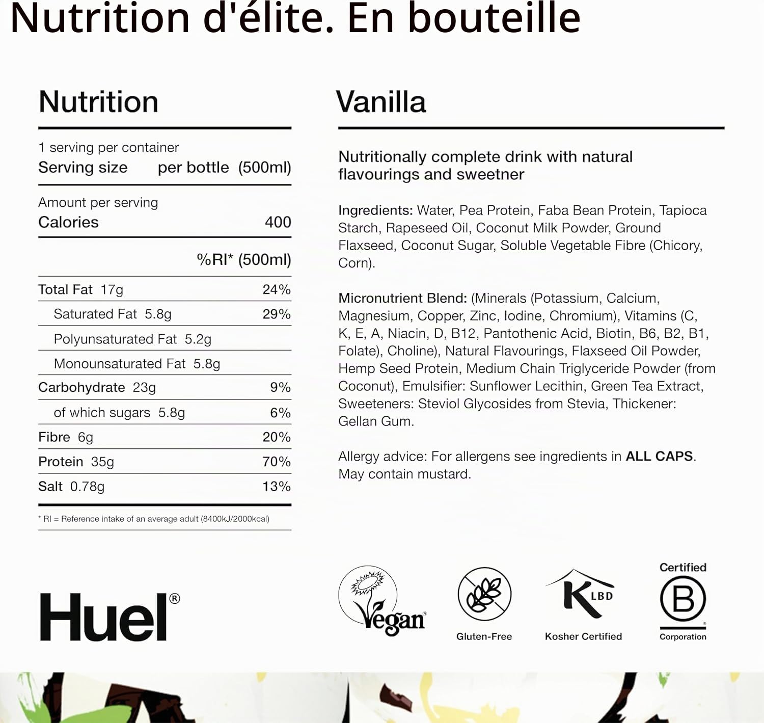 Huel Black Edition – Boisson à haute teneur en protéines, saveur vanille, 35 g de protéines par bouteille, boisson de substitut de repas, nutrition complète, à base de plantes, sans gluten, (6