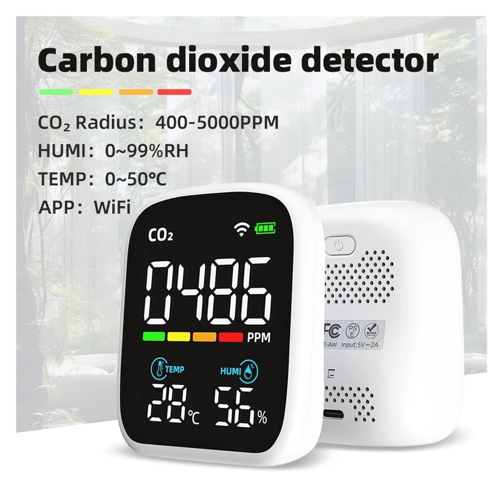 monitor co2, Przenośny miernik ści powietrza LCD 3 w 1/8 cala 1 WiFi PM1.0 PM2.5 PM10 CO2 TVOC HCHO Tester temperatury i wilgotności z alarmem głosowym do domu, biura, samochodu(CO2 Without WIFI)
