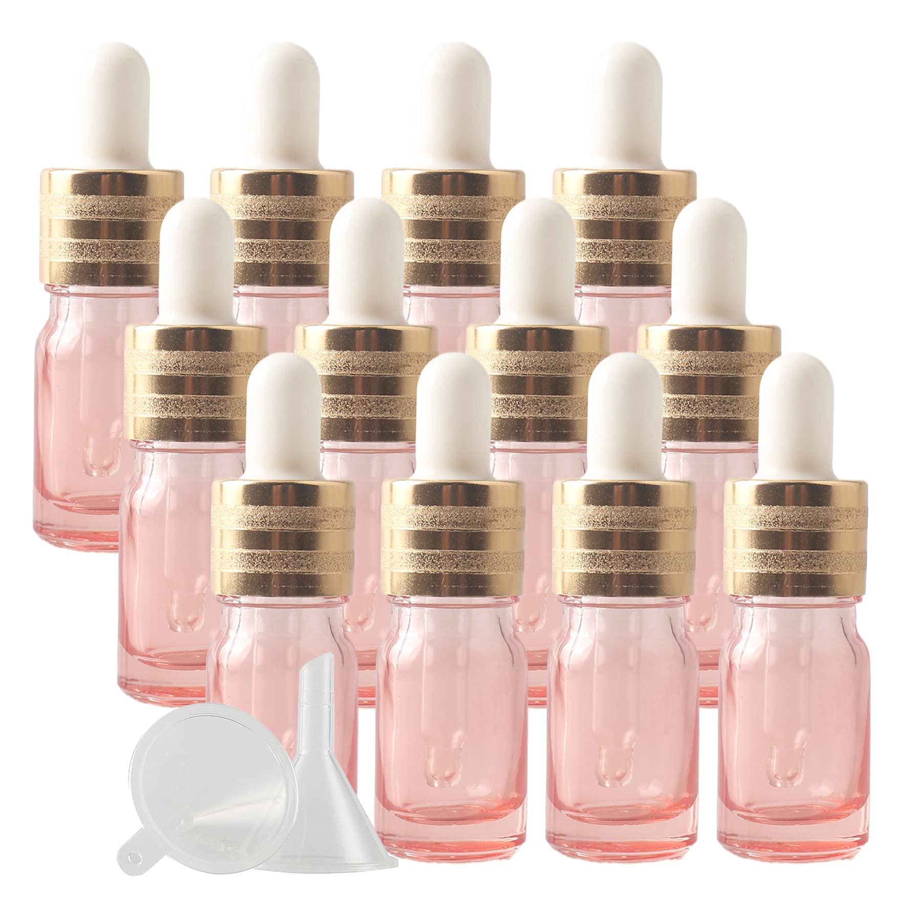 24 Stück 5ml Leere Rosa Pipettenflasche mit Gold Pipettenring, Glaspipette Tropfpipetten für Aromatherapie ätherische Öle Dosierung Lagerung flüssiger Glasflasche + 2x Trichter