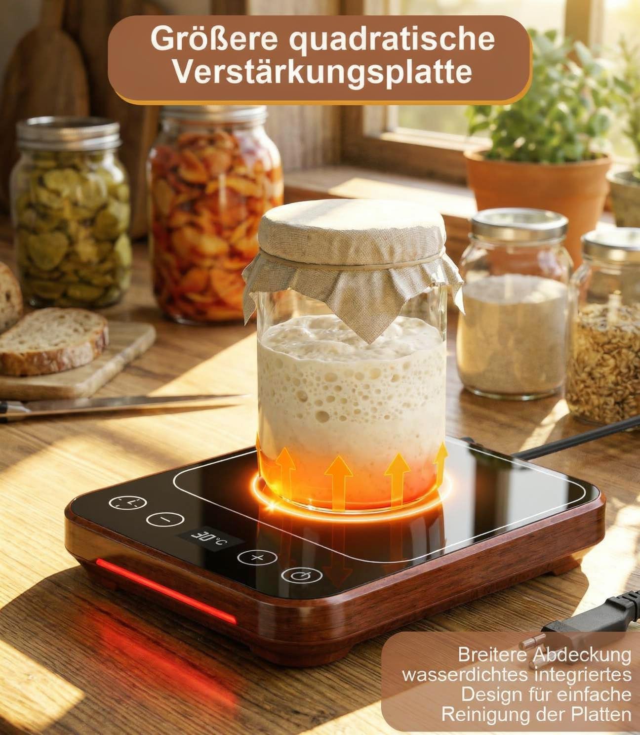 SauerteigStarterWärmer, 21℃-38℃ Wärmeplatte Präzise 1℃ Thermostat, Wärmematte Sauerteig mit 12-Stunden-Timer & Speicherfunktion, intelligenter Wärmer für Kombucha, Joghurt und Bierfermentation