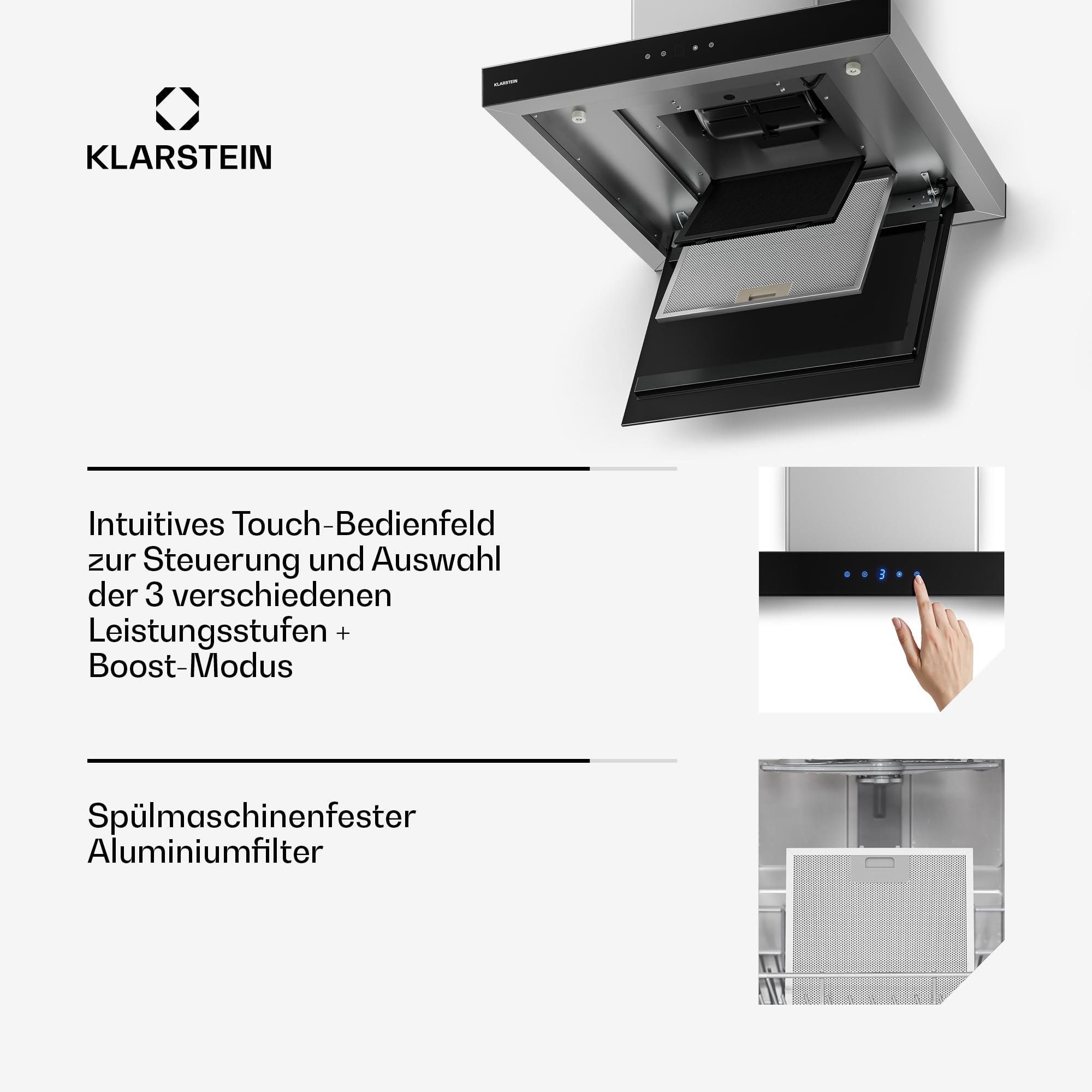 Klarstein Valeria Insel-Dunstabzugshaube – Decken-Dunstabzug 632 m³/h, Touch-Bedienfeld, LED-Beleuchtung, Boost-Modus, Umluft oder Abluft