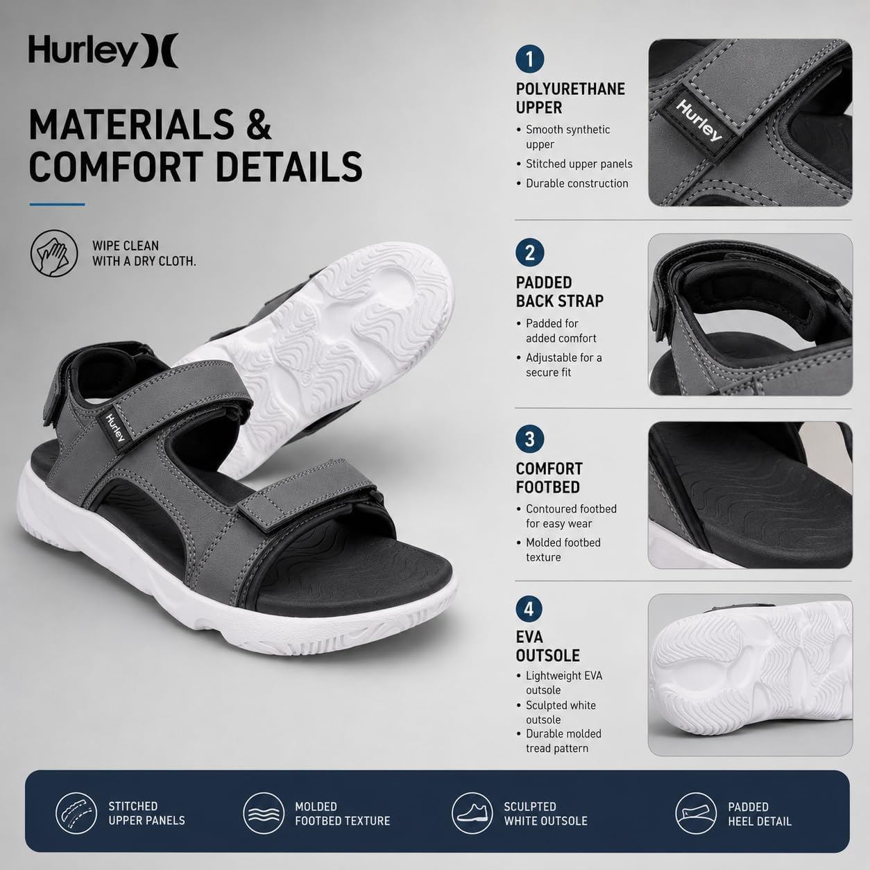 Hurley Men’s Strap Sandals, Adjustable Casual Comfort Sandals for Men, Lightweight EVA Outdoor Beach Summer Sandals with Padded Back Strap (Gray, US Footwear Size System, Adult, Men, Numeric, Medium, 11)