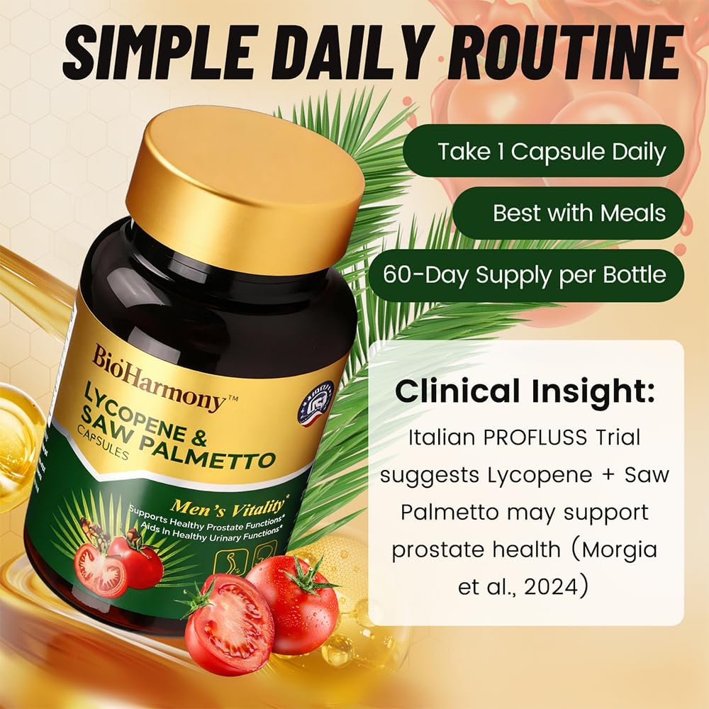 BioHarmony Saw Palmetto for Men- Prostate Health Supplement with 500mg Saw Palmetto Extract & 20mg Lycopene-Supports Healthy Urinary Function – 60 Capsules