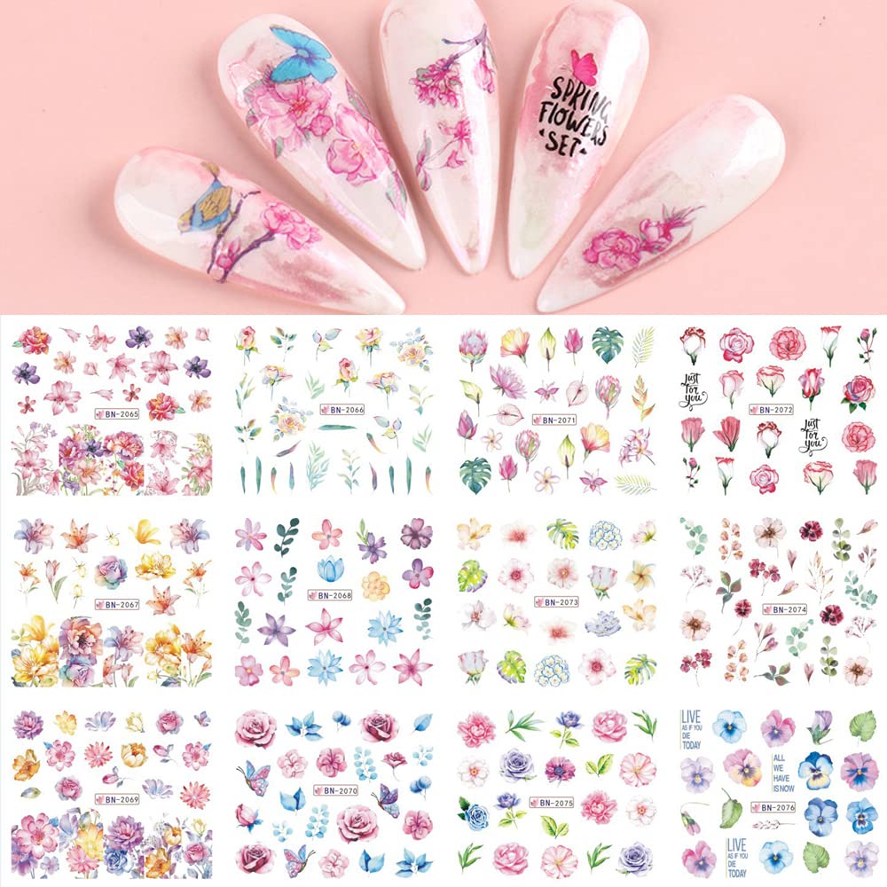 BYNYTO Flowers Nail Art Stickers Blooming Nail Water Decals Nail Transfer Supply Spring Summer Translucent Leaves Floral Design Nail Tattoo Foils for Women Girls Kids Charms Nails Decorations