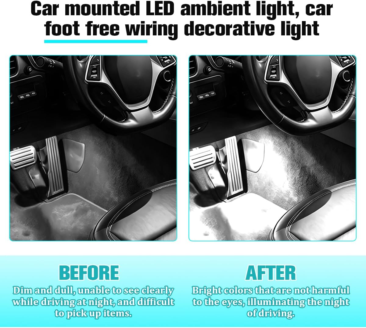 Car Interior LED Light, 4-in-1 USB Port Vehicle Under Dash Ambient Neon Lighting Decoration, Automotive Inside Foot Well Atmosphere Lamp, Universal Fit (White)