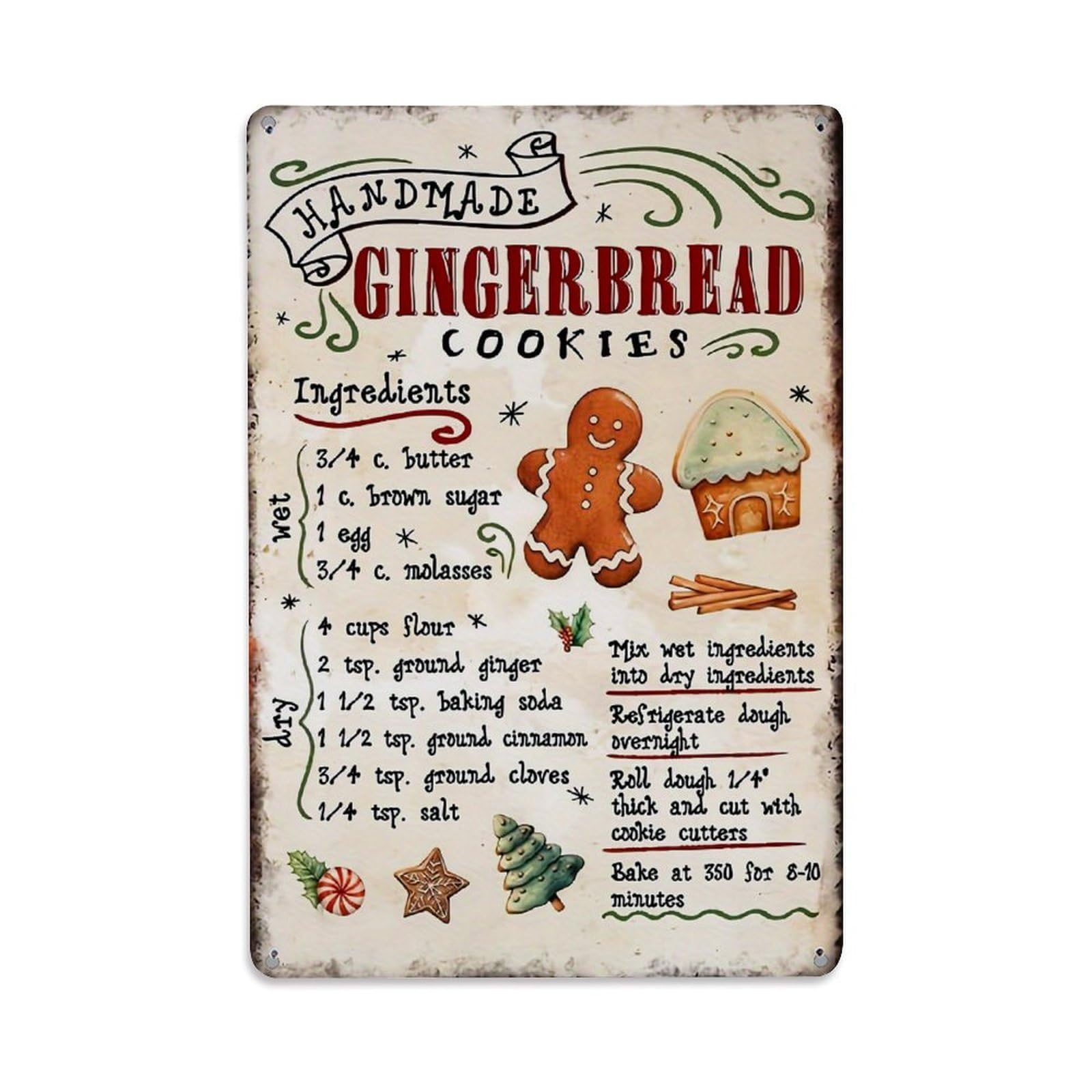 Jdfenggu Vintage Handmade Gingerbread Cookies Recipe Poster Retro Metal Tin Sign, Metal Poster For Bar, Home, Man Cave, Kitchen, Laundry Room Art Decor 8X12 Inch