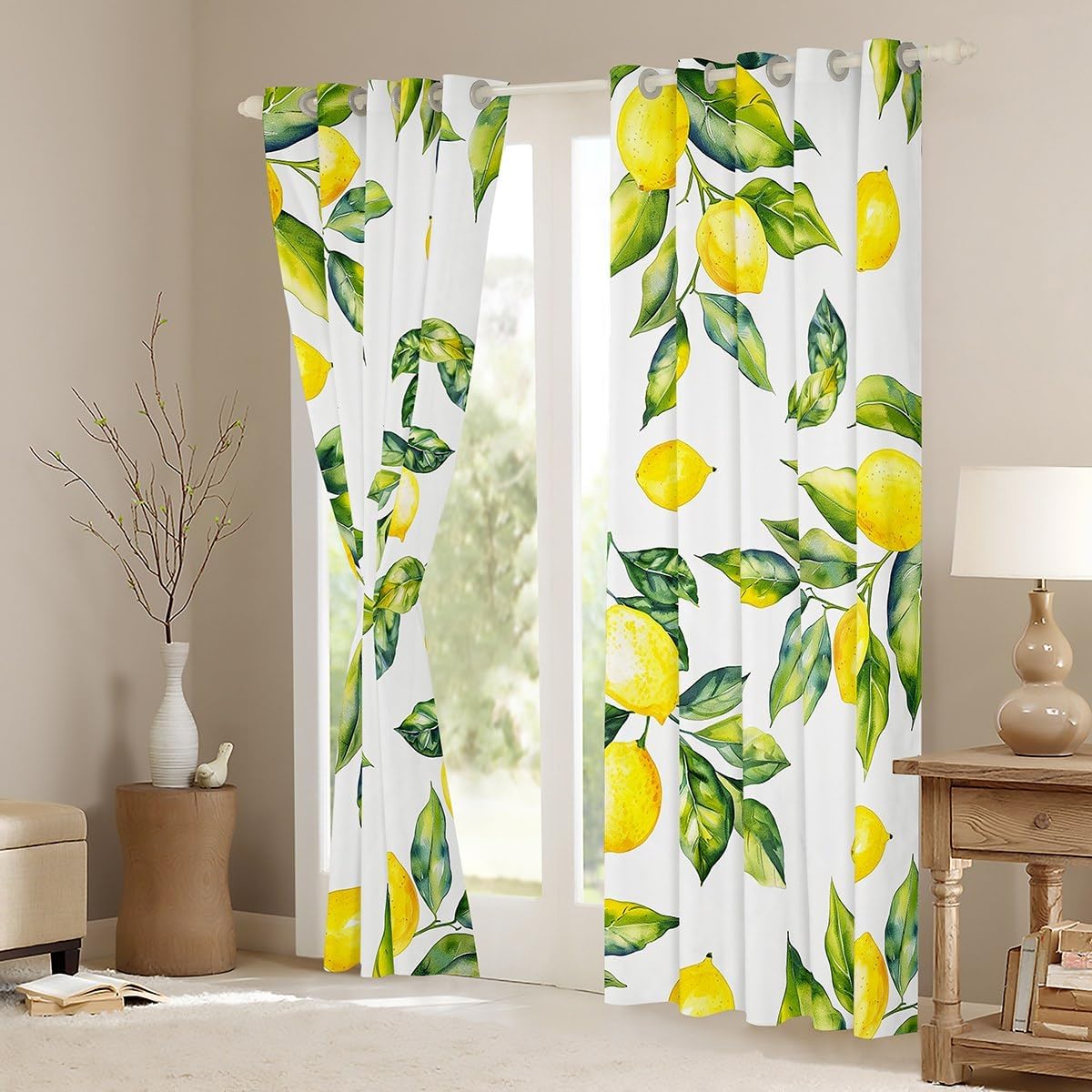 Feelyou Lemon Curtains for Bedroom Living Room Kids Botanical Lemon Pattern 30%-50% Blackout Curtainsative Tropical Fruit Darkening Dreapes Yellow Green Window Treatments (2 Panels, 42 x 63 Inch)