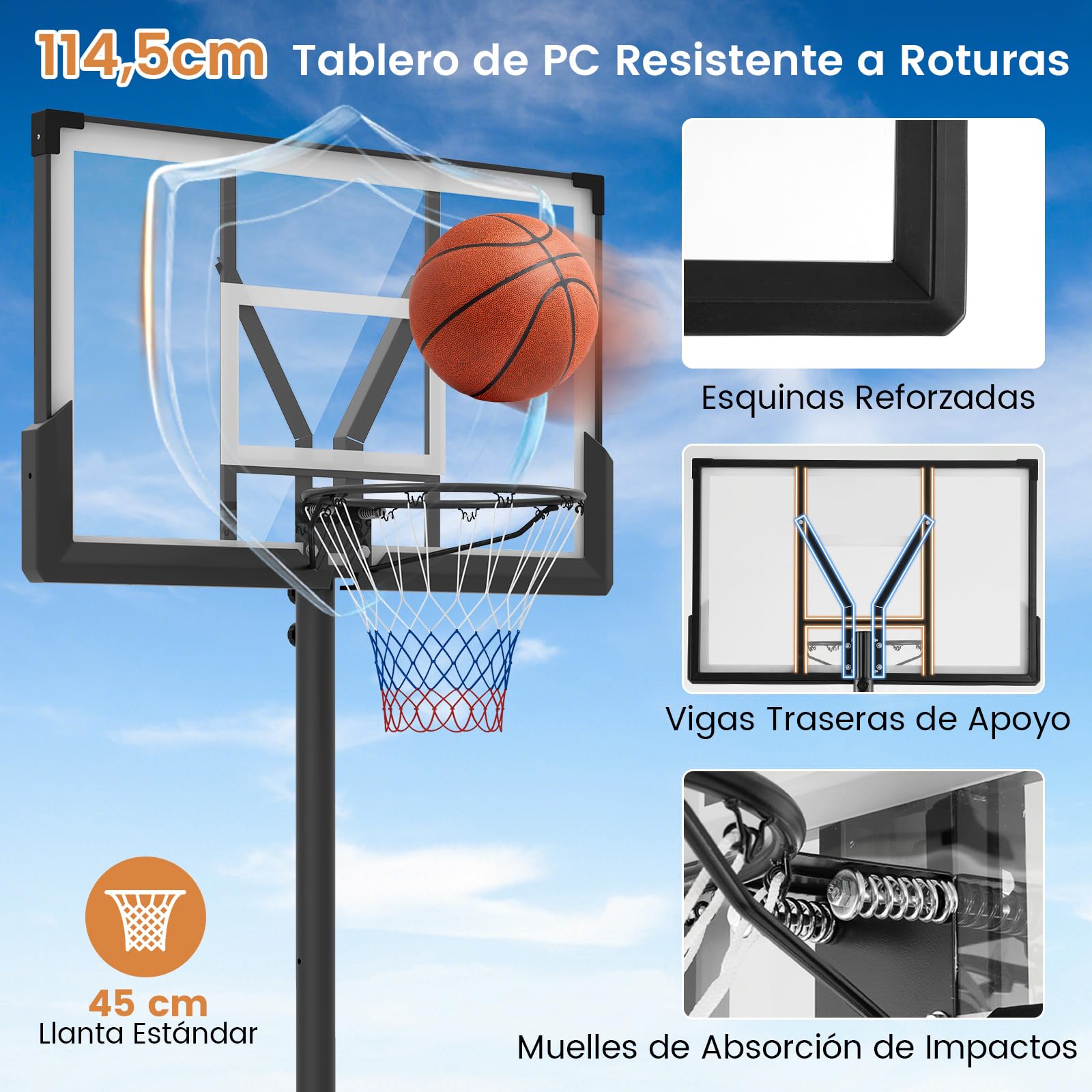 COSTWAY Canasta de Baloncesto, Altura Ajustable 165-305 cm, Canasta de Baloncesto con Base Rellenable, Red de Repuesto, Niños/Adolescentes/Adultos, Interiores Exteriores