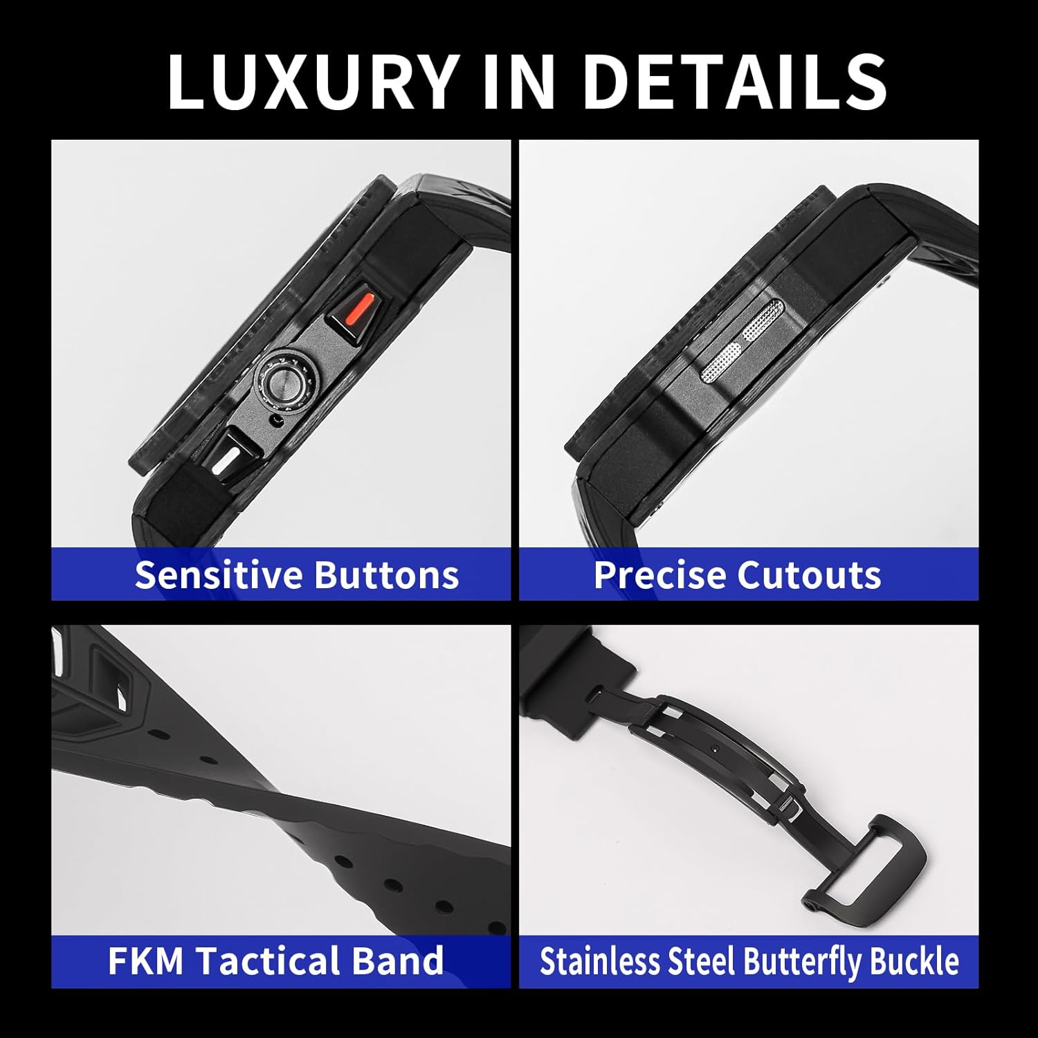 Carbon Fiber Case with FKM Band for Samsung Galaxy Watch 8 Classic 46mm, Luxury Face Cover with Rotatable Bezel and Tactical Strap Heavy Duty Protection for Men