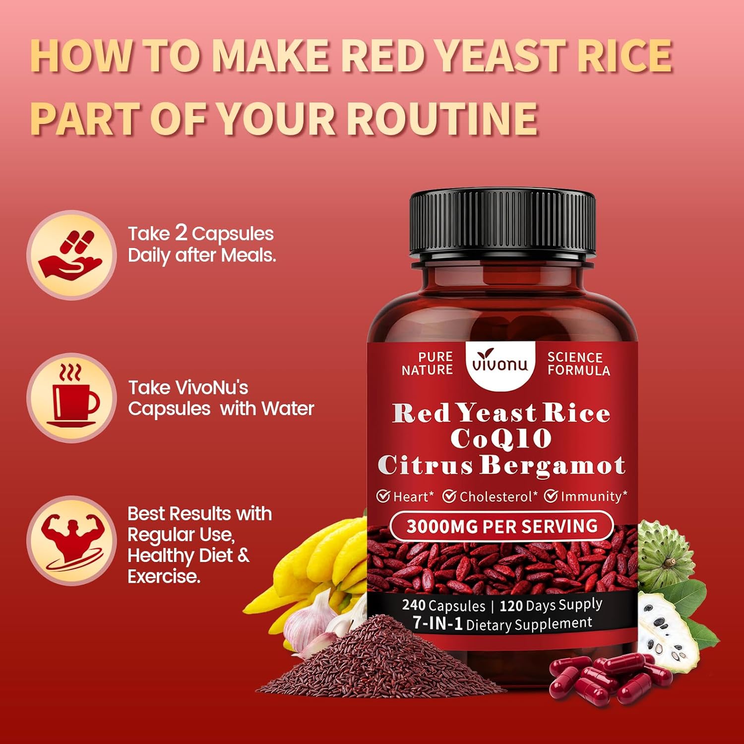 VivoNu Red Yeast Rice with CoQ10, Citrus Bergamot Supplements* | 3000mg Red Yeast Rice, Citrus Bergamot, CoQ10, 240 Capsules