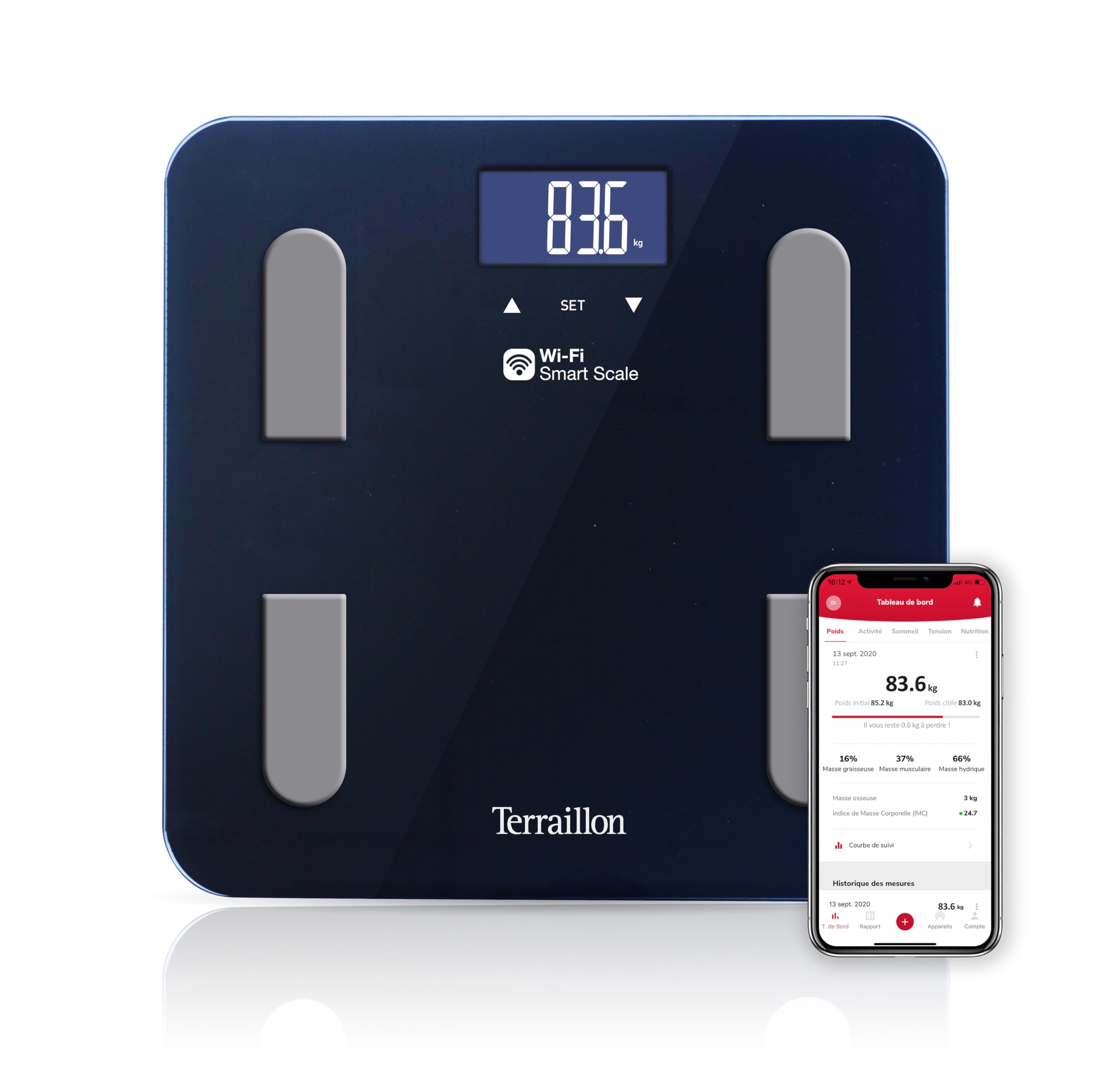 TERRAILLON - FIT COACH - Waga połączona WiFi, miernik impedancji, analiza tkanki tłuszczowej, mięśniowej, wodnej, kości i trzewnej, BMI, wyświetlacz LCD, pojemność 180 kg, szklana taca, czarna