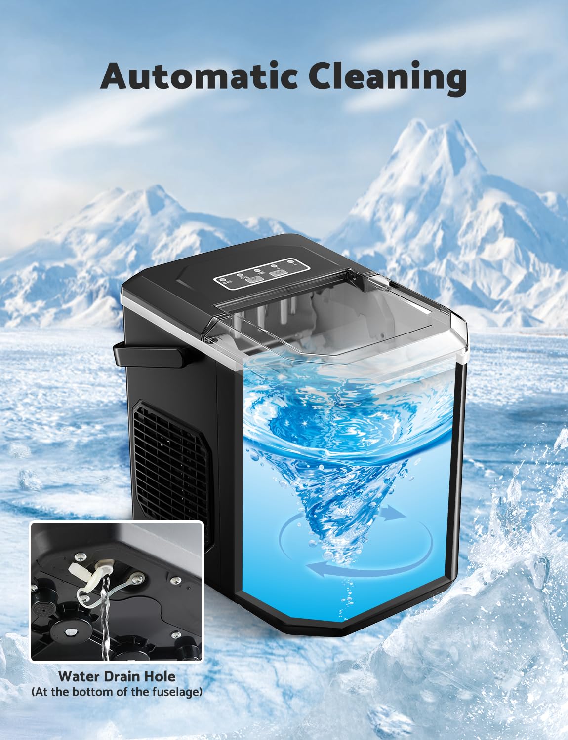 Automatic cleaning function showing water swirling inside the ice maker