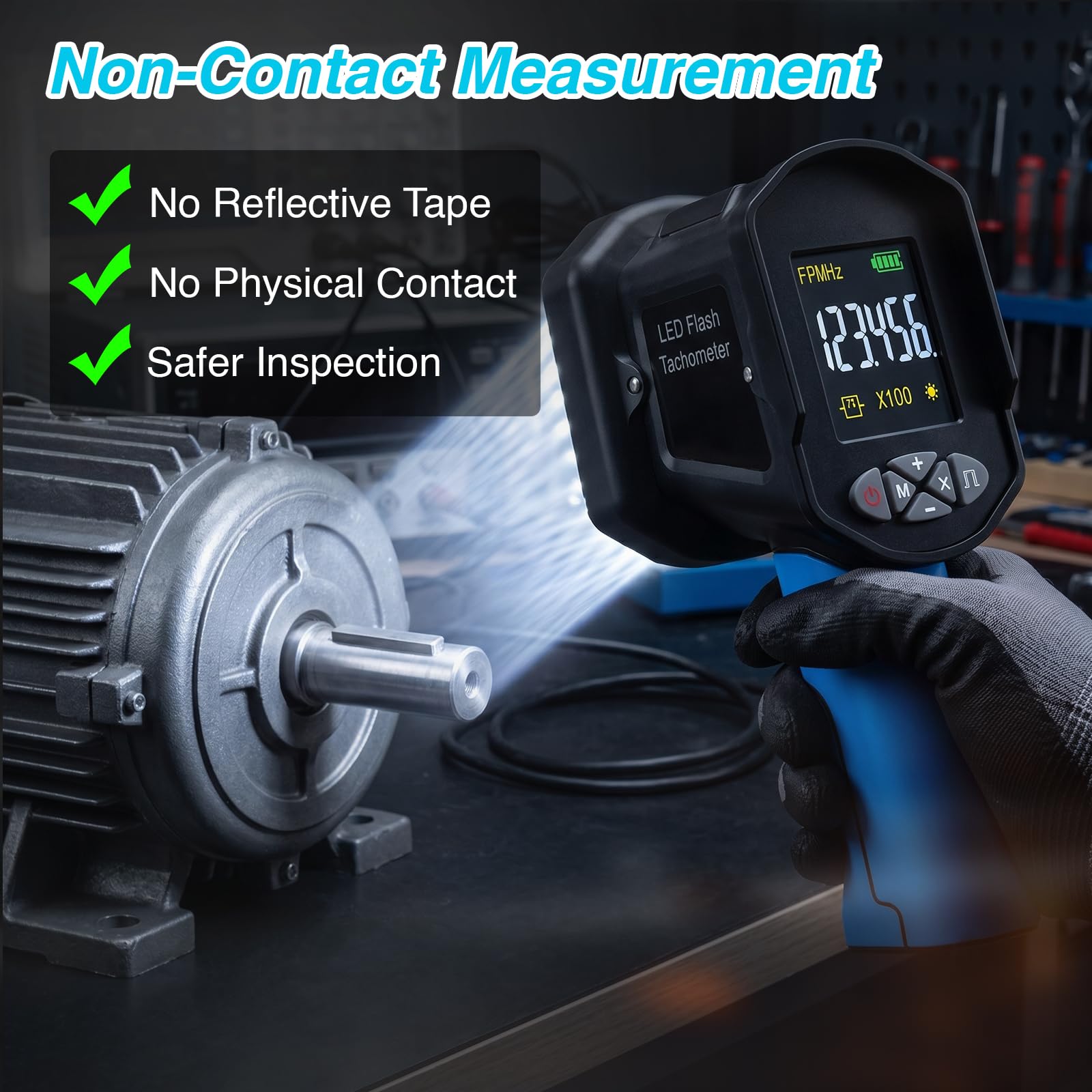 60-100000 U/min Digital Strobe Tachometer, berührungsloser Handheld LED Stroboskop mit 0.001% Genauigkeit der Geschwindigkeitsmessung, 1500LUX, 16 LEDs, USB-aufladbar, LCD-Display für Motoren, Lüfter