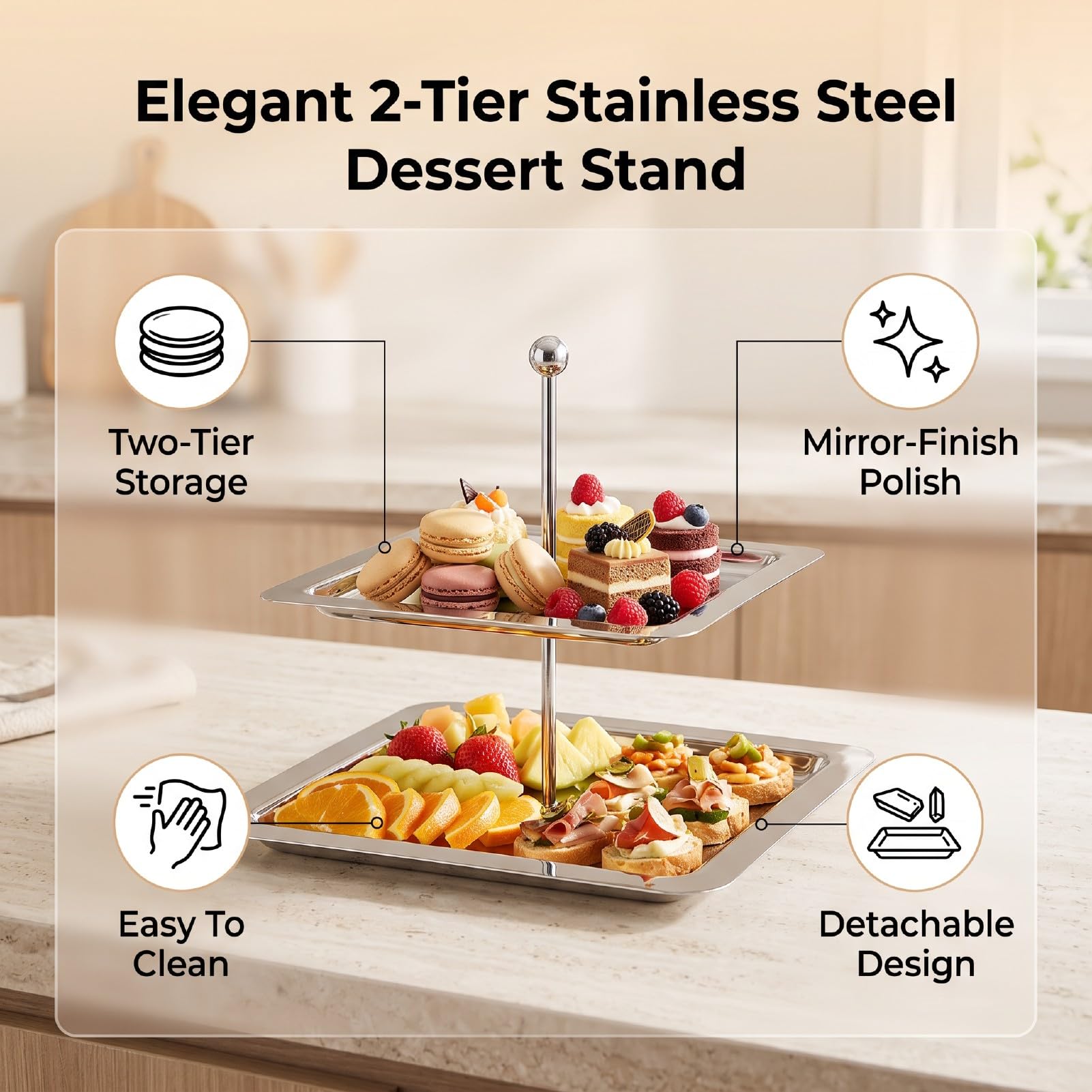 Pssopp Vassoio da Dessert in Acciaio Inox, Servitoio Rettangolare a 2 | Finitura a Specchio, Resistente e Facile da Pulire, Design Salvaspazio, Ideale per Torte, Frutta e pasticceria.