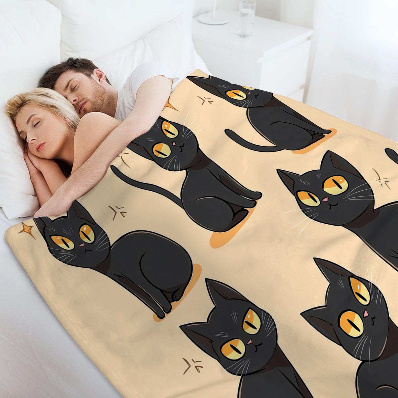 Manta Estampada Lindo Gato Negro, Suave y Mullida Ligera Franela Dibujos Animados Animales Negro Manta, para Adolescentes y Adultos habitación Cama Sofá y Viaje 180x200 cm
