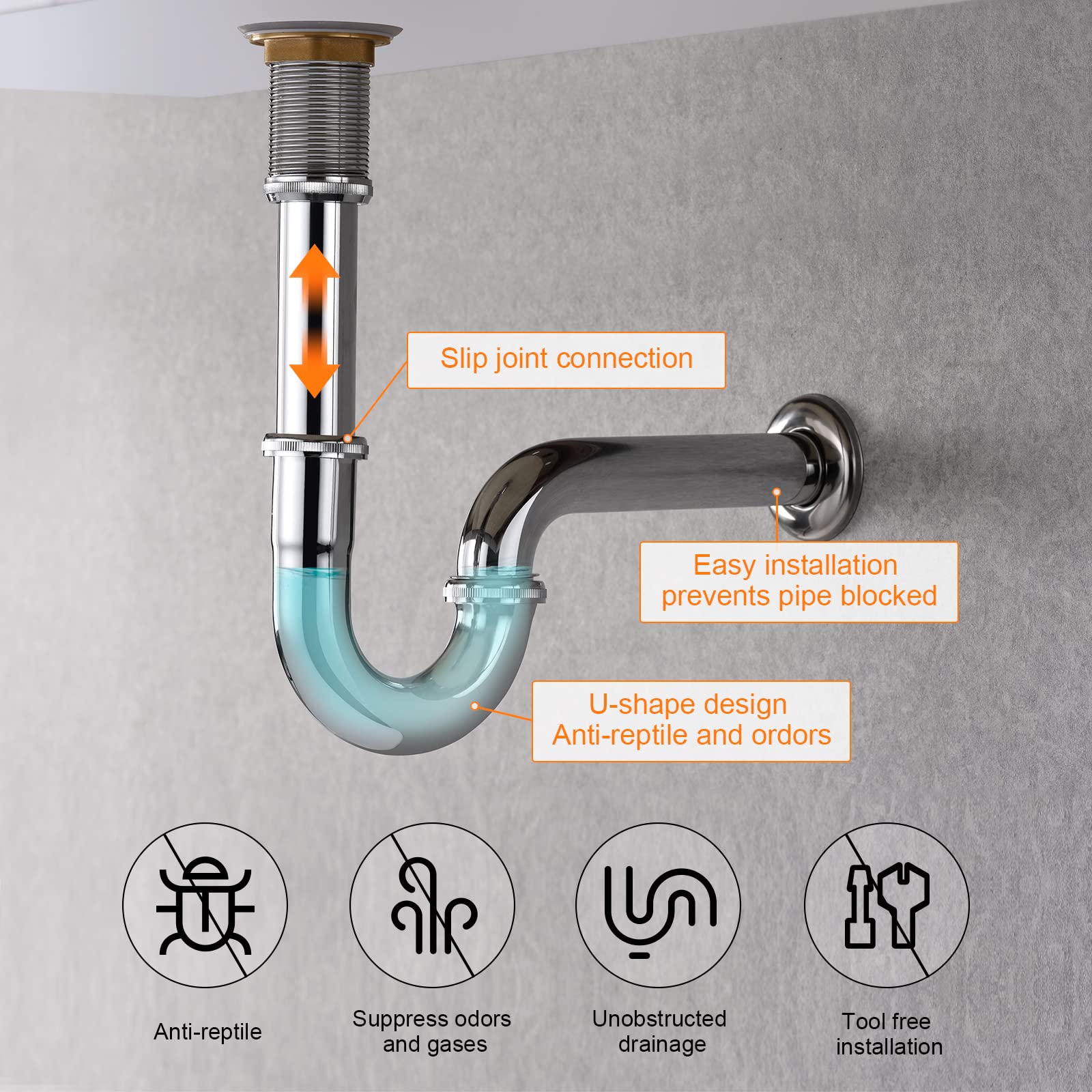 Ibergrif M20506 Universal Siphon do drenażu, rurki sodowej, syfonu w stali nierdzewnej P ze stawami uszczelniającymi, chromowane | Uniwersalny syfon rurowy i mosiężny syfon odpływowy z rurą ścienną do umywalki