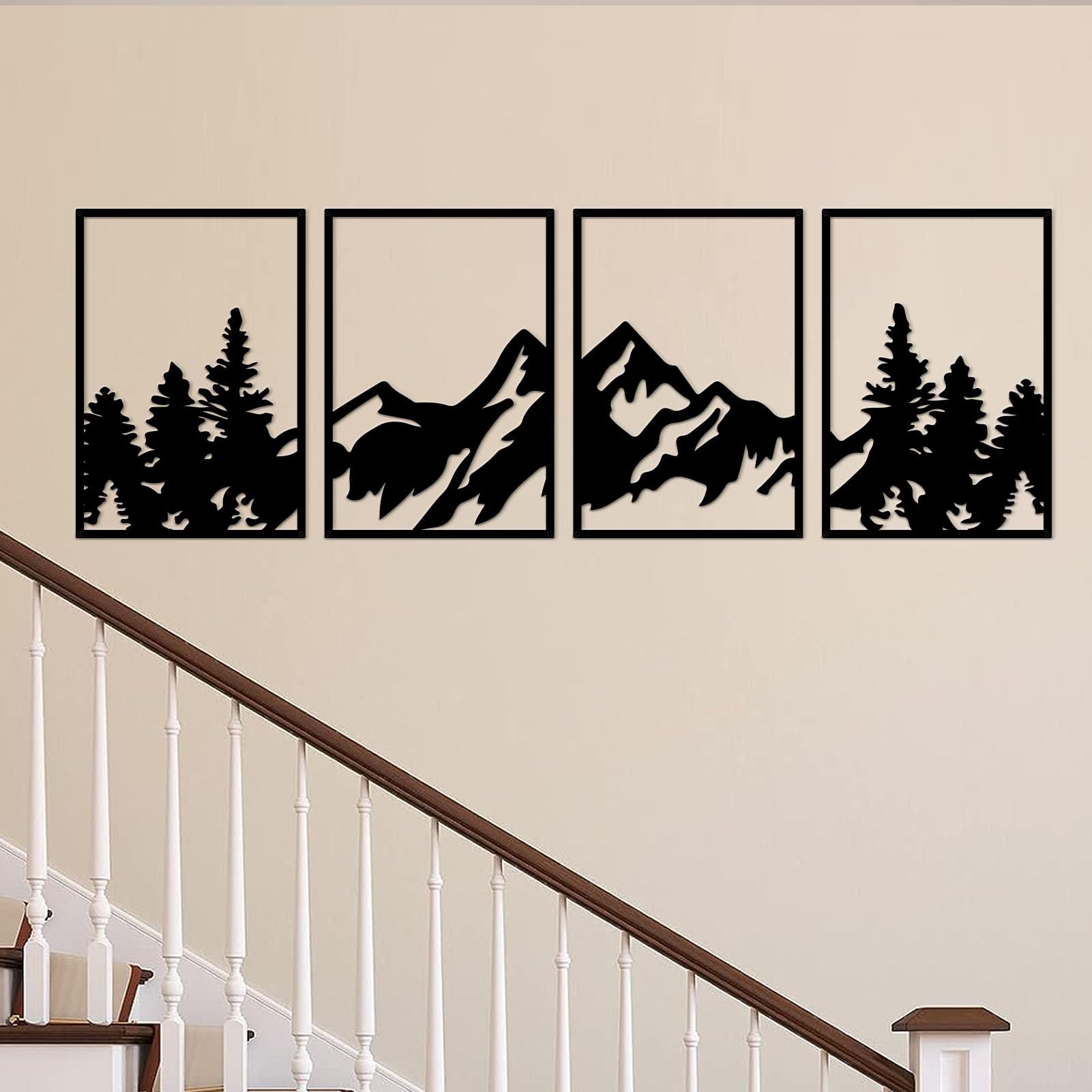 ESTART Arte de pared de montaña grande, 4 piezas de decoración de pared de metal, adecuado para sala de estar, dormitorio, oficina (bosque de montaña)