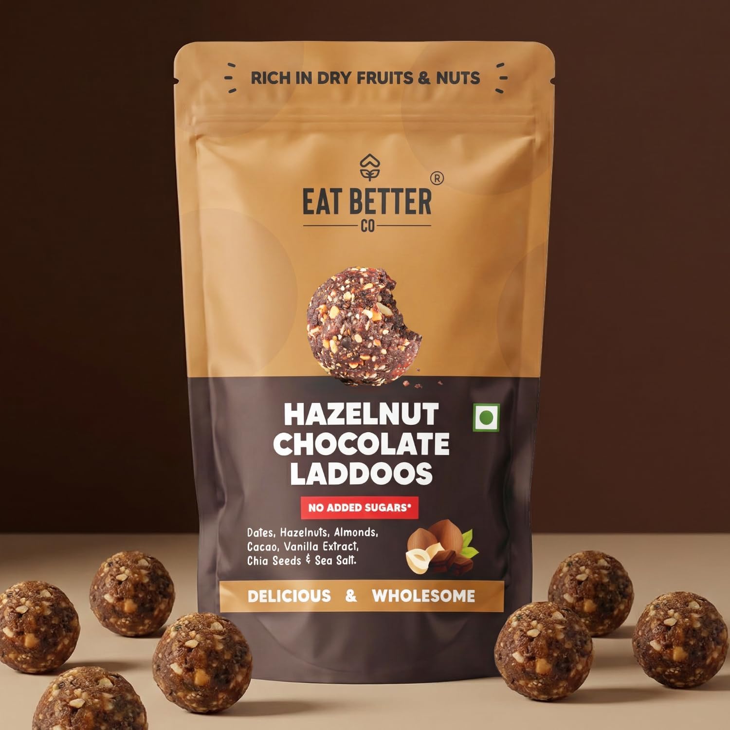 Hazelnut & Chocolate - Dates & Dry-Fruits Laddoos - Pack of 20 | No Added Sugar, High Protein & Instant Energy | Healthy Chocolate | Healthy Snacks | Energy-Bar Replacement - 200gm