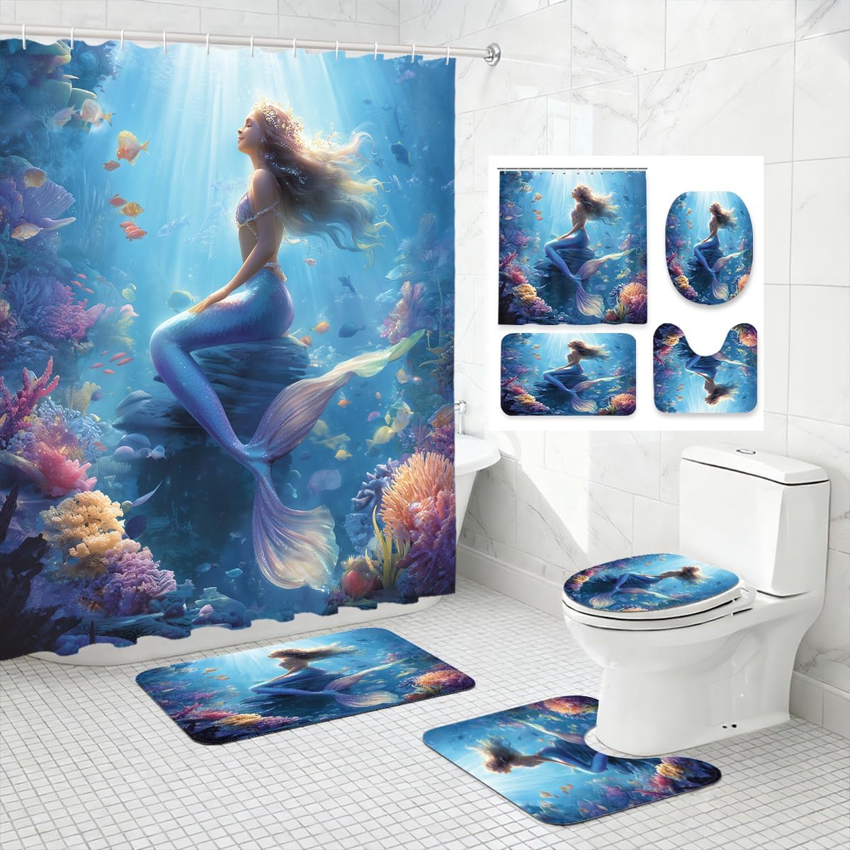 4 Piece Mermaid Shower Curtain Set with Non-Slip Rugs, Toilet Lid Cover and Bath Mat Blue Ocean Fantasy Underwater Coral Bathroom Decor with 12 Hooks, 72 x 72 Inch