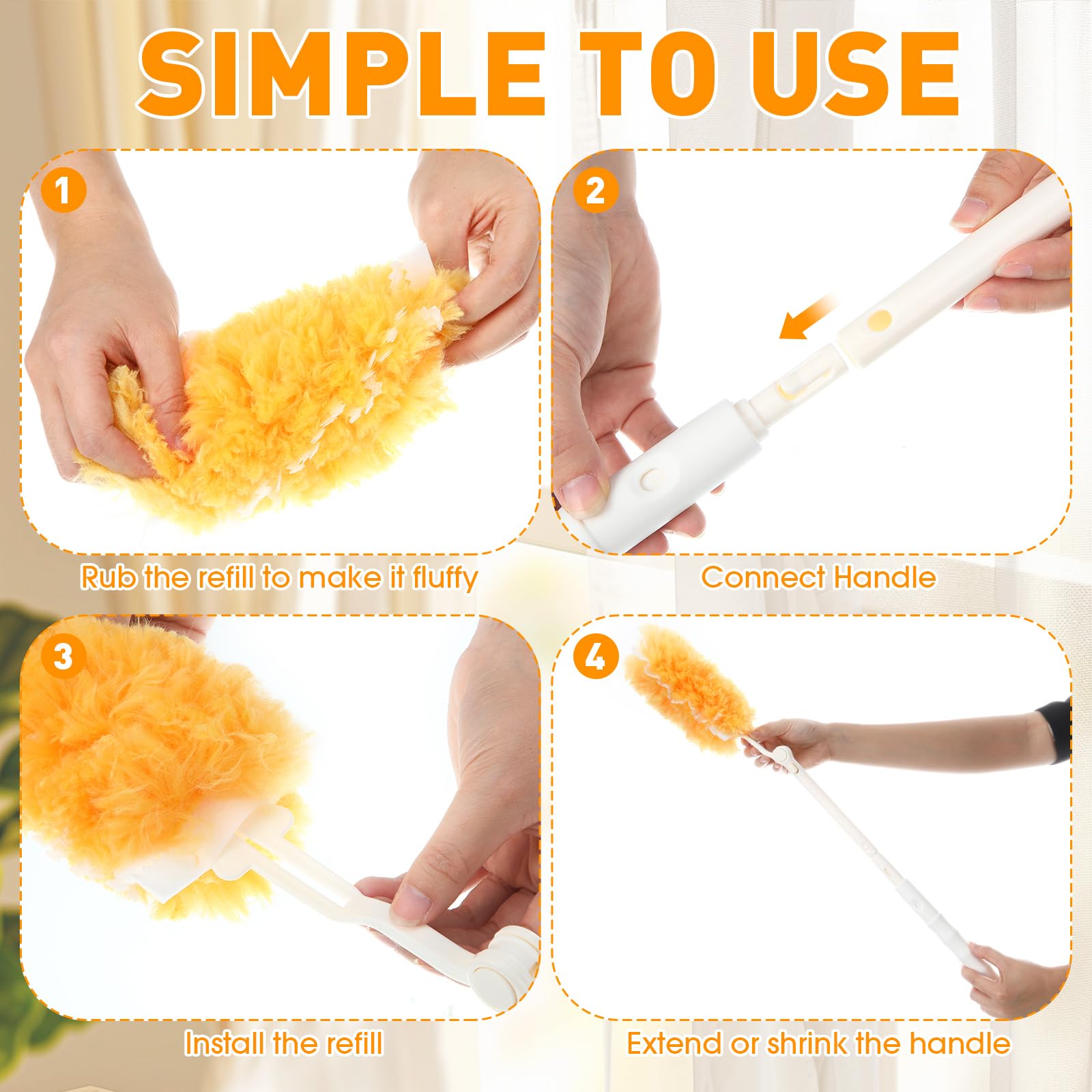 Reallnaive 60 piezas de recambios de plumero resistentes con un mango extensible de 3 pies, kit de polvo de alta resistencia, recambios de plumero multisuperficie, plumeros desechables de 360°, kit de