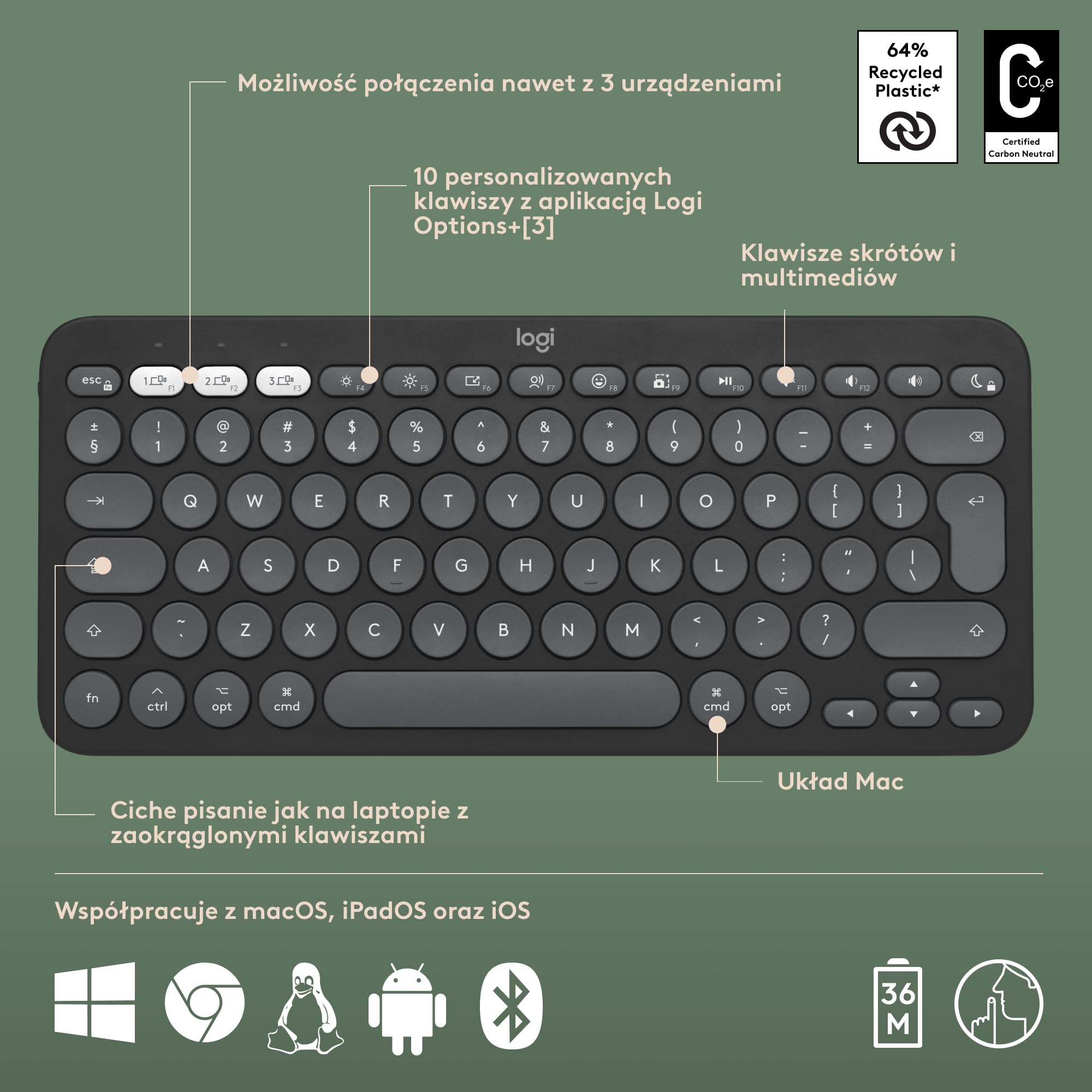 Logitech Pebble 2 Combo for Mac, bezprzewodowa klawiatura/mysz, smukła, cicha i przenośna, personalizowana, mysz/klawiatura Bluetooth, Easy-Switch,dla macOS,iPadOS,QWERTY układ US international,Grafit