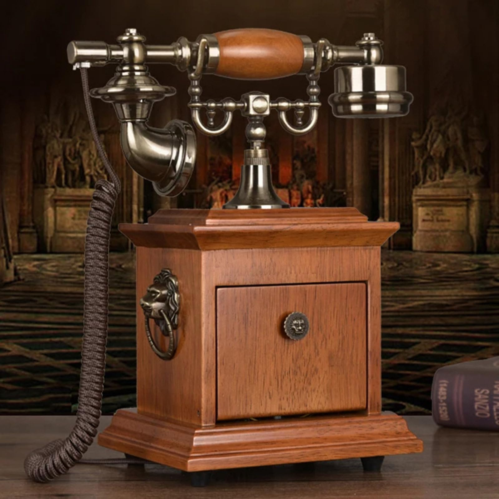 Telefon Retro (19X16X31Cm) - CałKowicie RęCznie Robiony, Telefon Stacjonarny Dla OsóB Starszych (Lite Drewno + Metal), Roczna Gwarancja, Do Salonu, Biura, Hotelu,A