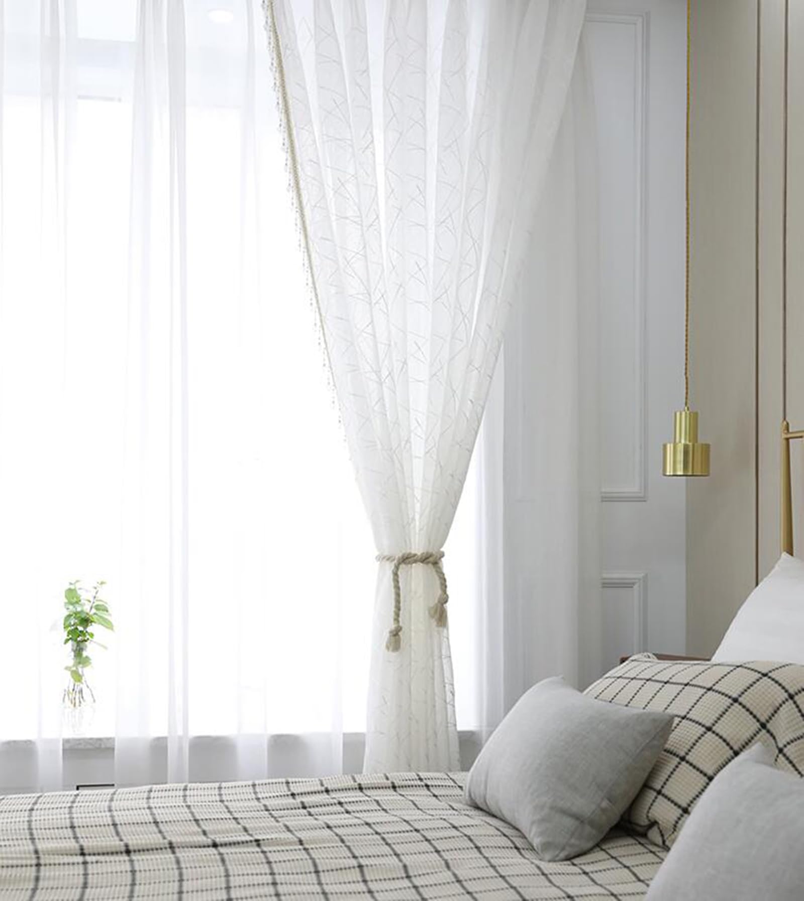Gaze blanche brodée de perles Beydodo lot de 2 rideaux voilages haut de gamme 200x270 cm
