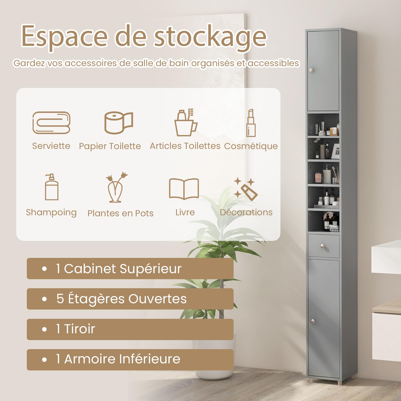 GIANTEX Colonne Salle de Bain Haute, Petit Meuble de Rangement Salle de Bain, 2 Portes, 1 Tiroir, Étagère Réglable, Meuble Rangement pour Toilette, Salon, Bureau, 20x20x180 cm(5Étagère,Gris)