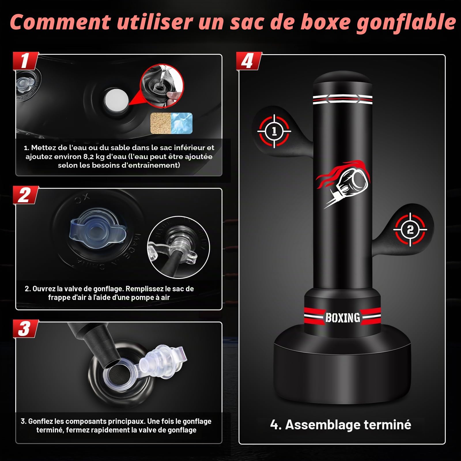 NZQXJXZ Sac de Frappe Adulte, 180cm Sac de Boxe Autoportant avec Gants de Boxe, Pompe, Corde à Sauter et Balle de Réflexe, Sac de Frappe Gonflable pour Hommes pour Entraînement Muay Thai MMA Fitness