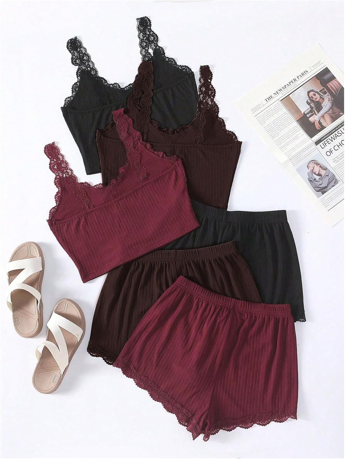 GORGLITTER Women's 6 Pieces Pajamas Set Ribbed Knit Sleeveless Crop Cami Top and Shorts Sleepwear - Image 3