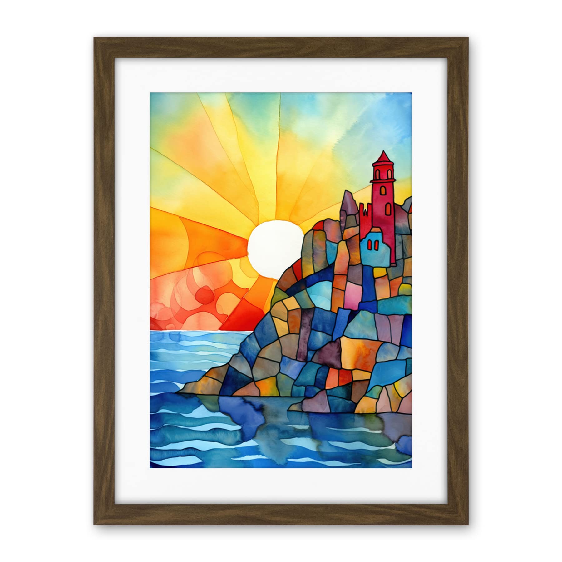 Artery8 Sunset Coastal Cliffs Lighthouse Folk Art Artwork Framed Wall Art Print 18X24 Inch