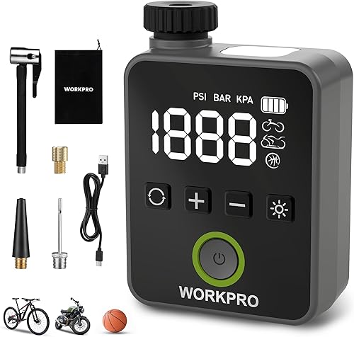 WORKPRO Mini bomba eléctrica para bicicleta, bomba de neumático de bicicleta portátil de 140 PSI con manómetro, pantalla digital, apagado