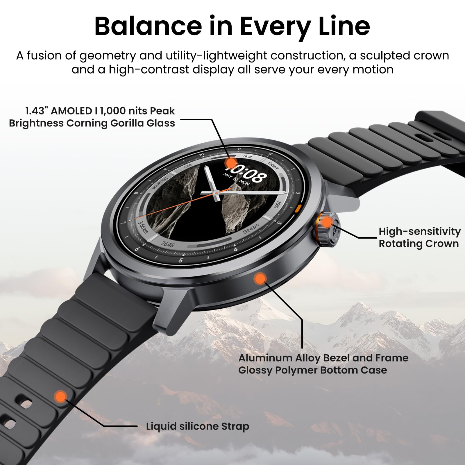KOSPET Smartwatch z wyświetlaczem AMOLED o przekątnej 1,43" i połączeniami Bluetooth, czas pracy przez 18 dni, monitorem tętna, SpO2 i snu, 170+ trybów fitness, IP68, wodoodporny, kompatybilny z