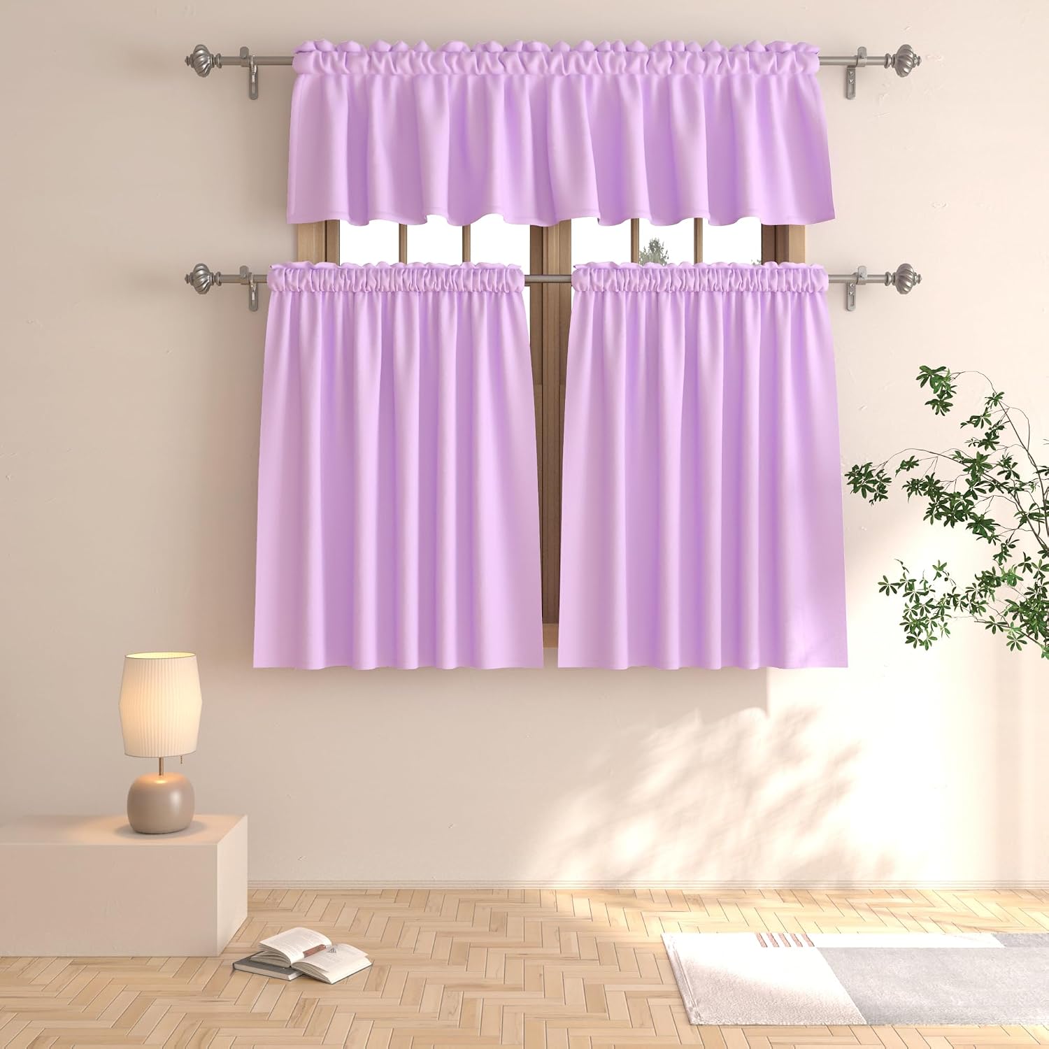 Lilac Tier Triple Weave Darkening Kitchen & Bathroom Short Curtains - 36" x 36" Rod Pocket Window Treatment Set for Girls Room & Nursery - 2 Panels Basement Cafe Curtains
