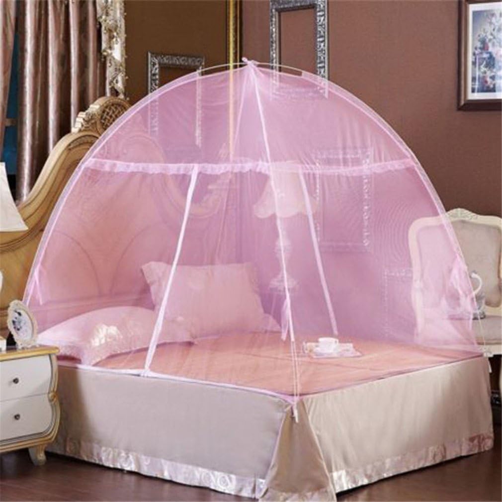 New Summer Bi-Parting Folding Mesh Insect Bed Mongolian Yurt Mosquito Net King/Queen Size Bedding Canopy Curtain Dome Tent Pink 180x200cm