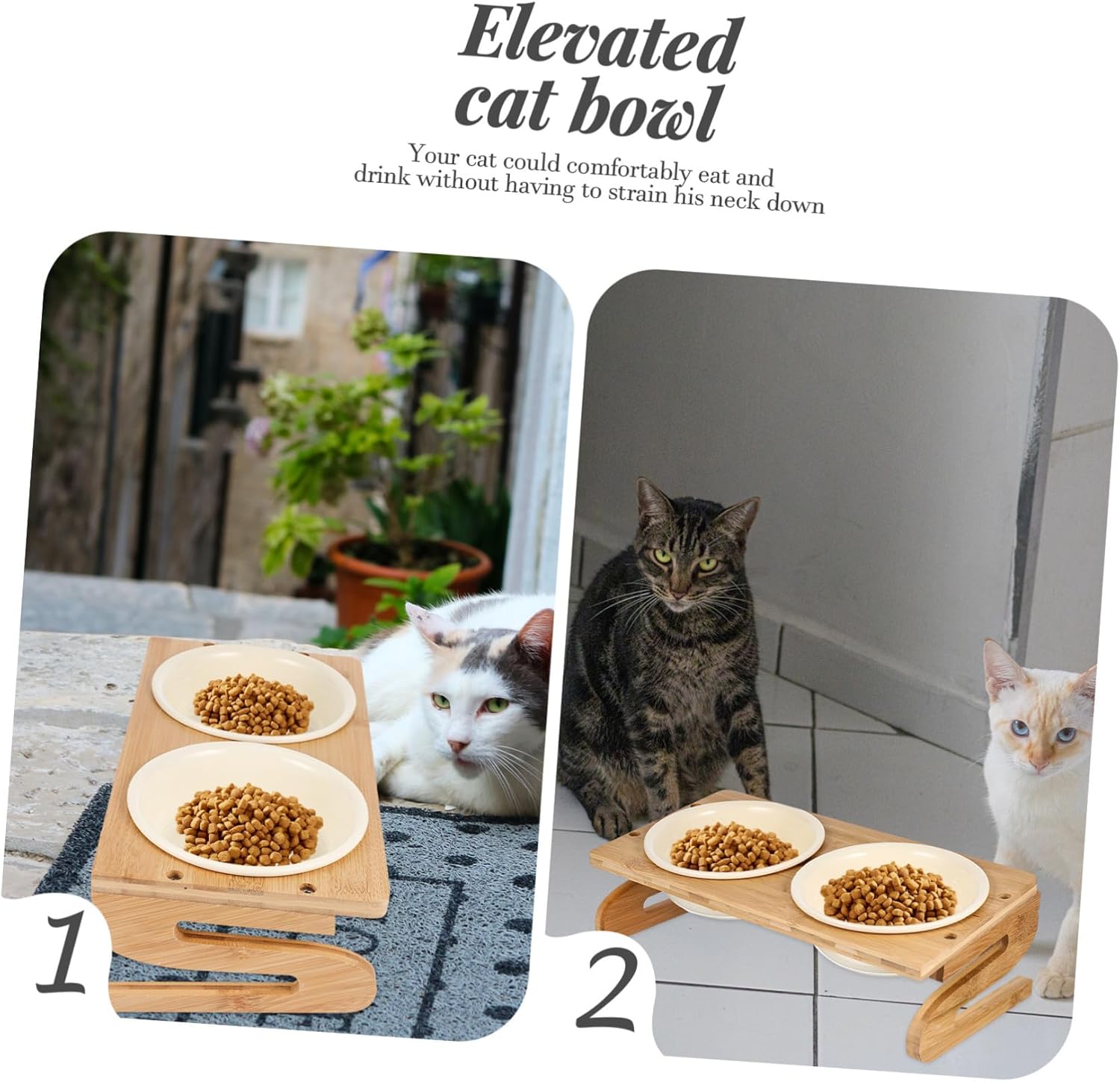 Ceramic Cat Feeding Bowl with Elevated Wood Rack Dual Bowls for Indoor Cats Angled Design to Prevent Spills Supports Neck Health and Easy Cleaning