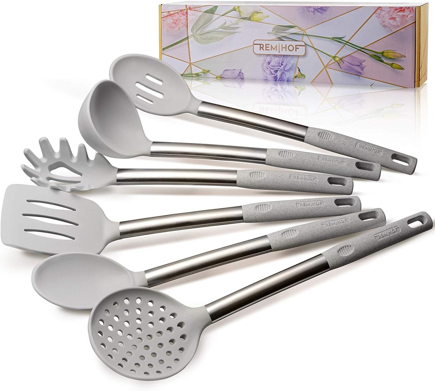 Silicone Kitchen Utensil Set - Nonstick Silicone and Stainless Steel Cooking Utensils - Spatula Turner Ladle Pasta Server - Best Culinary Gift Set (6pcs, Grey)