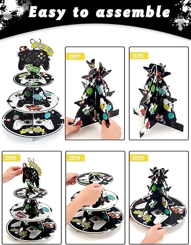 Vista 6 de Soporte para cupcakes de videojuegos – Suministros de fiesta de videojuegos para niños, jugadores, cumpleaños, 3 niveles, soporte para cupcakes